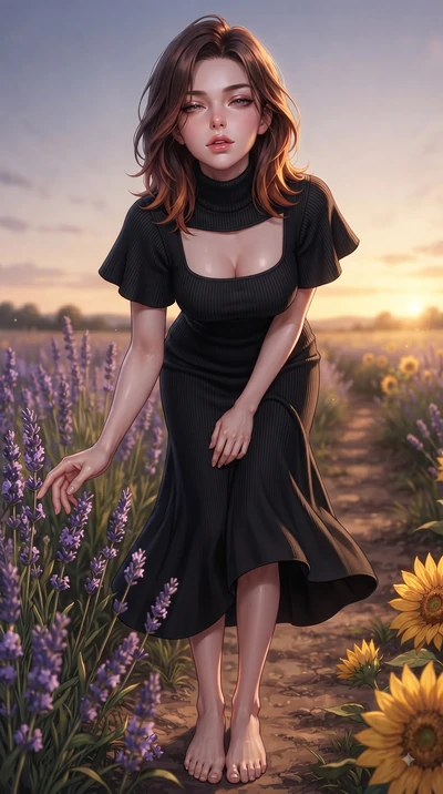 score_9, masterpiece, best quality, ultra-detailed, high-budget anime keyframe, editorial fashion photography, tasteful artistic composition, Korean woman. low angle full-body shot from head to toe showing her feet, filling the entire 9:16 vertical f