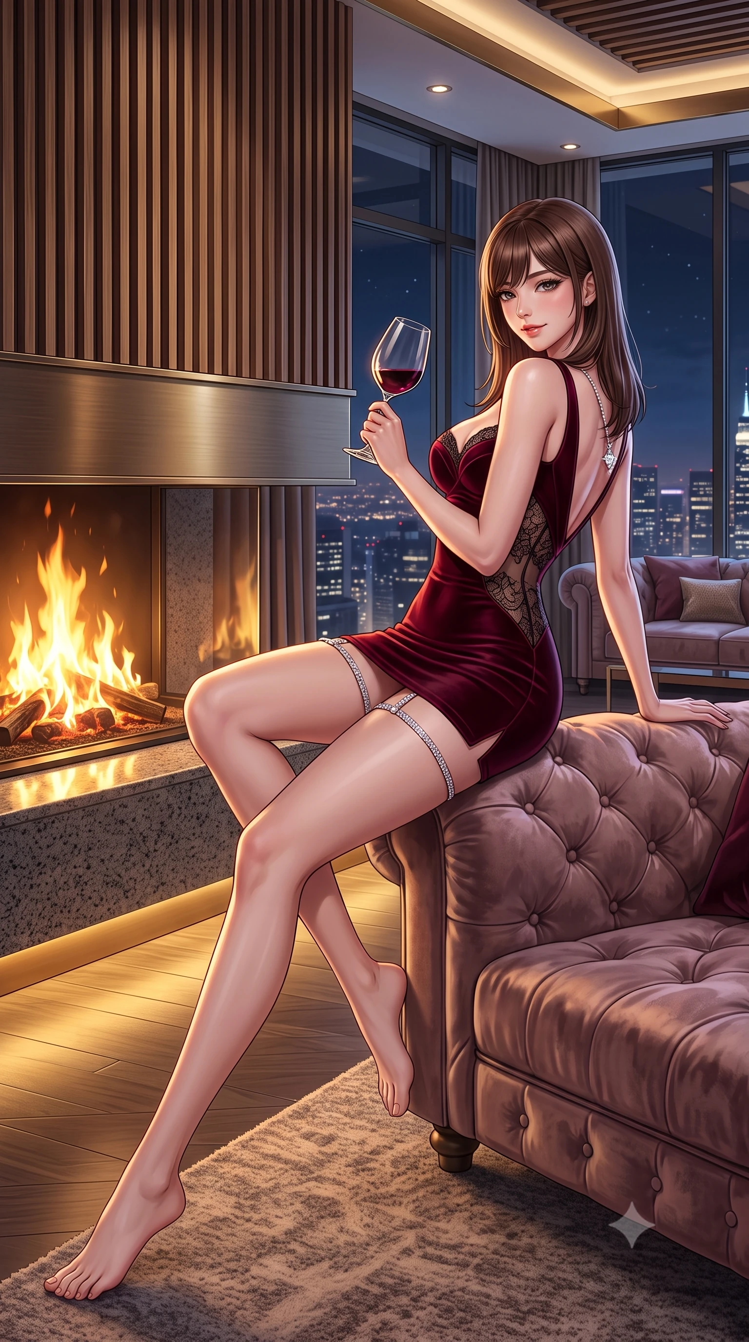 score_9, masterpiece, best quality, ultra-detailed, high-budget anime keyframe, semi-realistic 3D game render, editorial fashion photography, tasteful artistic composition, Korean woman. low angle full-body shot from head to toe showing her feet, filling the entire 9:16 vertical frame with her statuesque presence, stretching her vertical silhouette. reclining gracefully across the plush chaise lounge with one leg extended, her sculpted silhouette and flat midriff radiating magnetic nocturnal glamour while sitting perched on the low granite hearth rim with one knee drawn up, holding a glass of Pinot Noir with a seductive, teasing half-smile. The surrounding environment is rendered in vivid detail and crisp panoramic clarity: detailed plunging rib-knit backless dress drape, diamond pendant gleam, and precision Swiss architectural joinery in razor-sharp precision. She has an absolutely perfect, statuesque 8.5-heads proportion, an exceptionally tall and slender model-like female figure with impossibly long slender legs, an ultra-slim waist, a flat toned midriff, narrow delicate ribcage, and beautifully sculpted feminine hips creating a graceful, slim hourglass silhouette without any bulky heaviness. sharp v-shaped jawline, high-bridge nose, sparkling eyes with hypnotic seductive depth, thick curled eyelashes, glossy parted lips with a natural dewy peach sheen, alluring bedroom-eyes with an enchanting coquettish smile, exuding magnetic siren charisma and sophisticated glamour, flawlessly proportioned anatomical accuracy, strict slender model proportions, natural body alignment, perfectly sculpted long slender limbs, ultra-slim waistline, clean dynamic posture without body distortion. wearing a deep sweetheart-neckline velvet bodycon dress with sheer side-torso cutouts accentuating her hourglass curves in deep bordeaux velvet and delicate black chantilly, tailored from fine structural neoprene with crisp architectural edges and smooth contouring, finished with delicate crystal-encrusted thigh garter straps glinting in the dim light, the form-contouring silhouette accentuating her sculpted flat midriff, narrow delicate ribcage, and gracefully curvy hips with intoxicating allure. illuminated by hearth reflection bounce and sharp warm-gold rim lights defining her delicate clavicles, ultra-slim waist, and curvy hips. highly saturated vibrant anime colors, detailed shading with soft gradients, rich glossy textures, high-contrast stereoscopic depth, volumetric dynamic lighting, master piece, 9:16 ratio