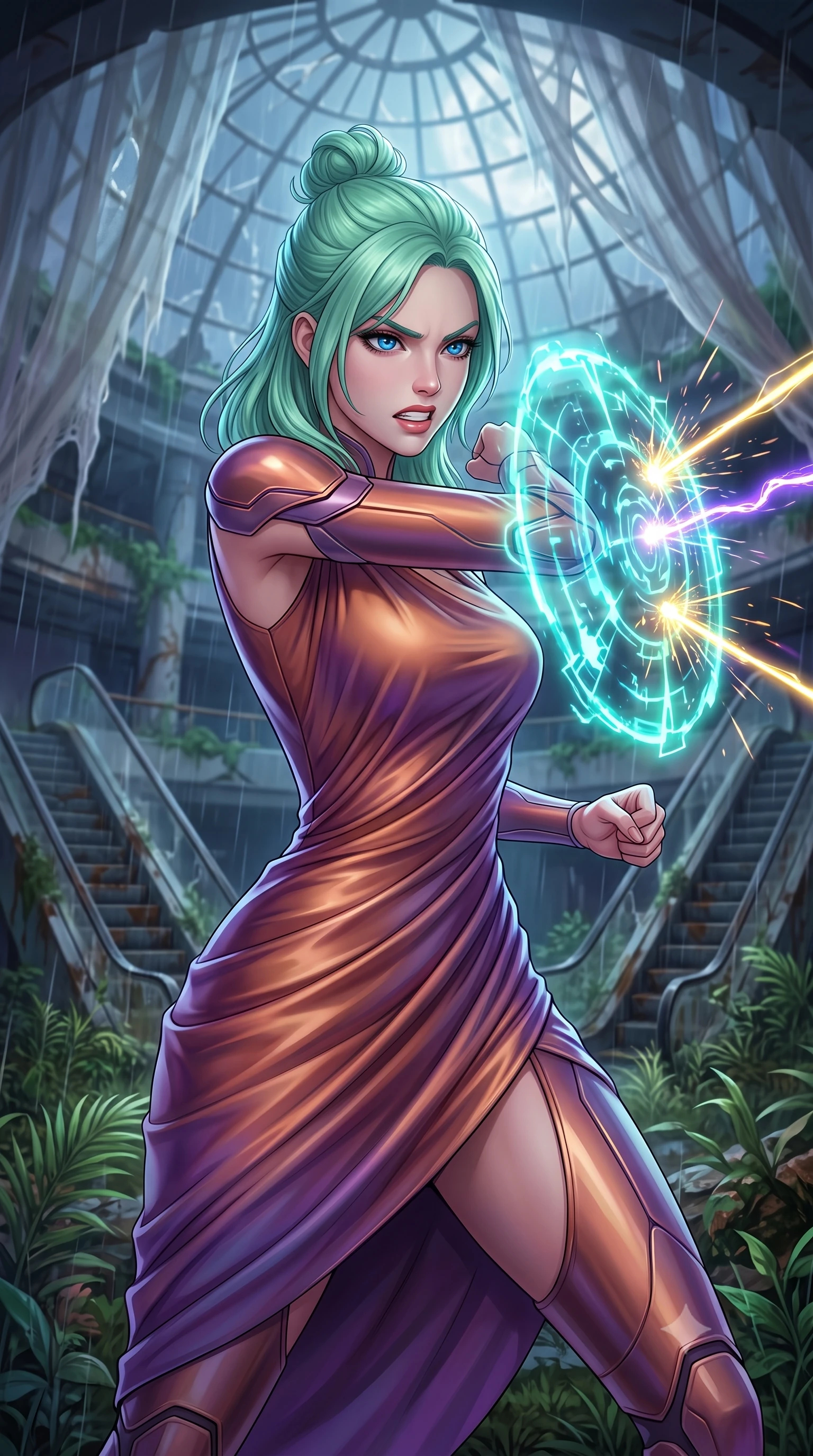 score_9, masterpiece, best quality, ultra-detailed, high-budget anime keyframe, editorial fashion photography, tasteful artistic composition, Japanese woman. close-up cowboy shot from the waist and thighs up, the character dominates the composition, filling the frame with her large presence, background elements kept in soft focus. Deflecting incoming plasma bolts with a glowing energy shield attached to her forearm, teeth grit in determination. set against a soft-focus background of a massive ruined arcology atrium, the glass dome shattered and rain falling on rusted escalators and overgrown tropical weeds. She has an exceptionally elegant and slender, willowy female figure with an ultra-slim waist, a gracefully sculpted slender torso, and a refined slim physique. sharp v-shaped jawline, high-bridge nose, intricate jewel-like eyes with depth, thick eyelashes, glossy lips with a natural sheen. wearing tailored for maximum mobility, sleek form-contouring panels that allow fluid movement, a slim-fit draped jersey dress in a shifting copper and violet gradient, the fluid fabric clinging to her slender waist with every movement. highly saturated vibrant anime colors, intense vivid color palette, soft 3D volumetric shading, volumetric dynamic lighting, cold silver moonlight filtered through translucent gossamer curtains casting delicate shadows. 2k, ultra detail, master piece, 9:16 ratio