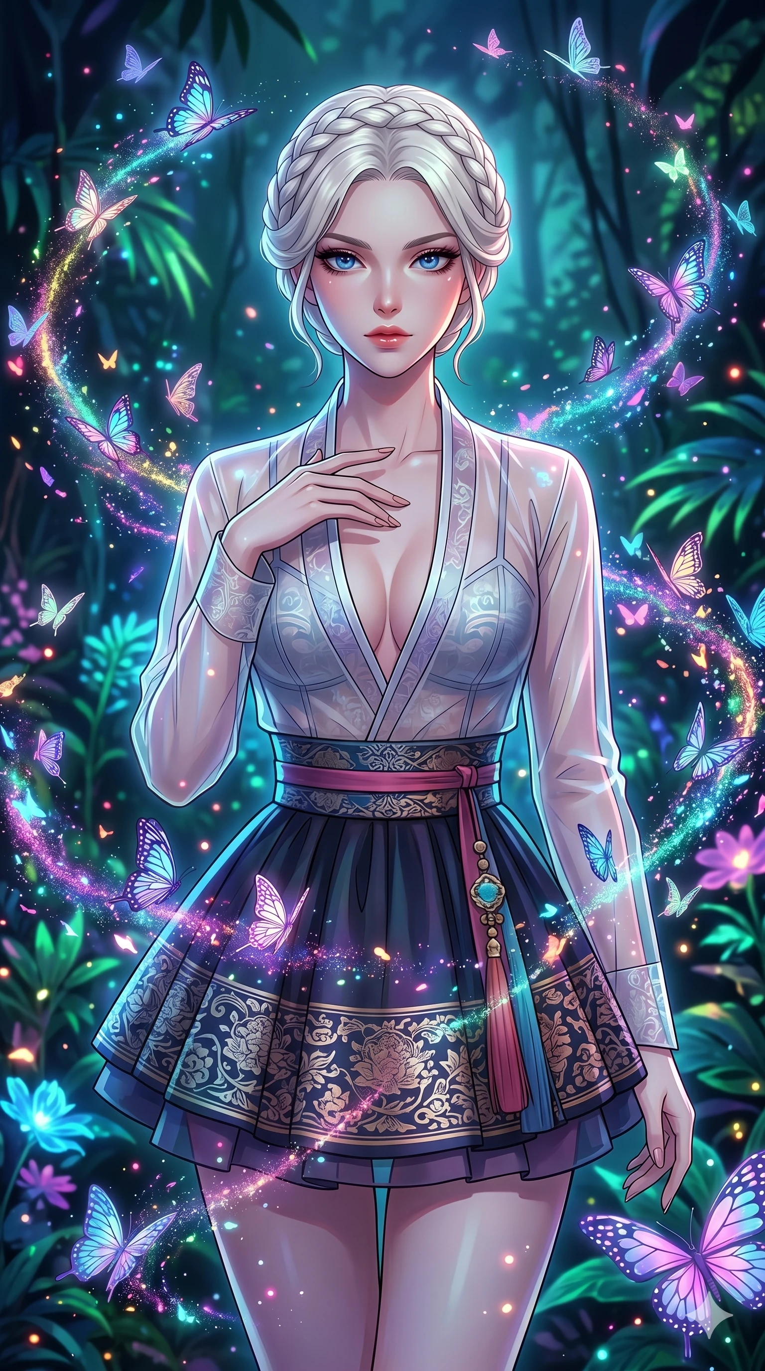 score_9, masterpiece, best quality, ultra-detailed, High-budget Anime Keyframe, vibrant colors, fluid line-art, expressive lighting, cinematic composition, Ufotable-style visual effects, top-tier animation quality, Japanese woman with delicate and elegant anime-inspired features. Upper body close-up from the thighs up, character filling the screen for maximum presence. Surrounded by a swarm of digital butterflies that leave trails of neon dust. She has an absolutely perfect 8-heads proportion, an exceptionally tall and slender female figure with impossibly long slender legs and an ultra-slim waist, her statuesque height and towering silhouette dominating the vertical 9:16 frame. Her face is a masterpiece featuring a sharp v-shaped jawline, high-bridge nose, intricate jewel-like eyes with depth, thick eyelashes, and glossy lips with a natural sheen. She is wearing a Shortened cyber-hanbok skirt with a transparent jeogori, deep plunging neckline, and traditional silk patterns printed on modern tech-fabrics.. The scene is set in a bioluminescent jungle where every leaf and flower glows with a unique frequency. 2k, ultra detail, master piece, 9:16 ratio