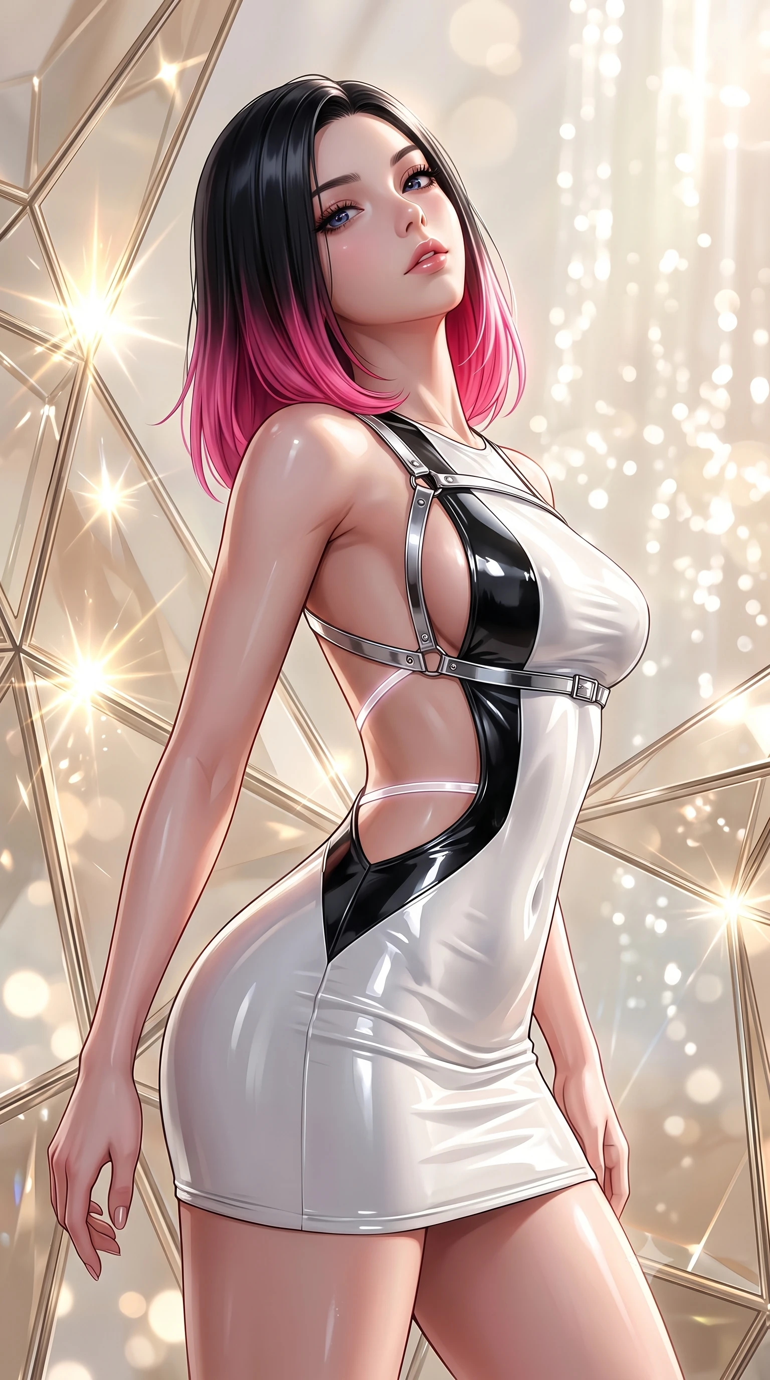 score_9, masterpiece, best quality, ultra-detailed, high-budget anime keyframe, semi-realistic 3D game render, editorial fashion photography, tasteful artistic composition, Korean woman. close-up cowboy shot from the waist and thighs up, the character dominates the composition, filling the frame with her large presence. tilting her head back with a sensual alluring expression, exposing her throat and shoulders to the camera with heavy lashes and softly parted glossy lips while pivoting dynamically amidst geometric champagne-tinted glass panels reflecting sparkling sunbursts. The composition keeps background elements in soft focus with creamy bokeh. sparkling sunlight water caustics creating a soft, luminous light curtain in the background. She has an exceptionally elegant, slender, and willowy female figure with an ultra-slim waist, a gracefully sculpted slender torso, toned flat midriff, and a refined slim silhouette. sharp v-shaped jawline, high-bridge nose, intricate jewel-like eyes with depth, thick eyelashes, glossy lips with a natural sheen, flawlessly proportioned anatomical accuracy, strict slender model proportions, natural body alignment, perfectly sculpted long slender limbs, ultra-slim waistline, clean dynamic posture without body distortion. wearing a second-skin fashion-latex mini dress with a clean architectural front, featuring an open-back design that wraps around the sides of her waist, showcasing her slender silhouette in high-gloss monochrome white and sharp black contrast, made of liquid metal jersey that clings flawlessly to every contour of her build, reinforced by a sleek metallic chrome harness and delicate glowing micro-straps, the precision-cut daring openings accentuating her delicate midriff, graceful bare collarbones, and ultra-slim feminine waistline. illuminated by clear directional key light with brilliant specular highlights on glass and water. highly saturated vibrant anime colors, detailed shading with soft gradients, rich glossy textures, high-contrast stereoscopic depth, volumetric dynamic lighting, master piece, 9:16 ratio