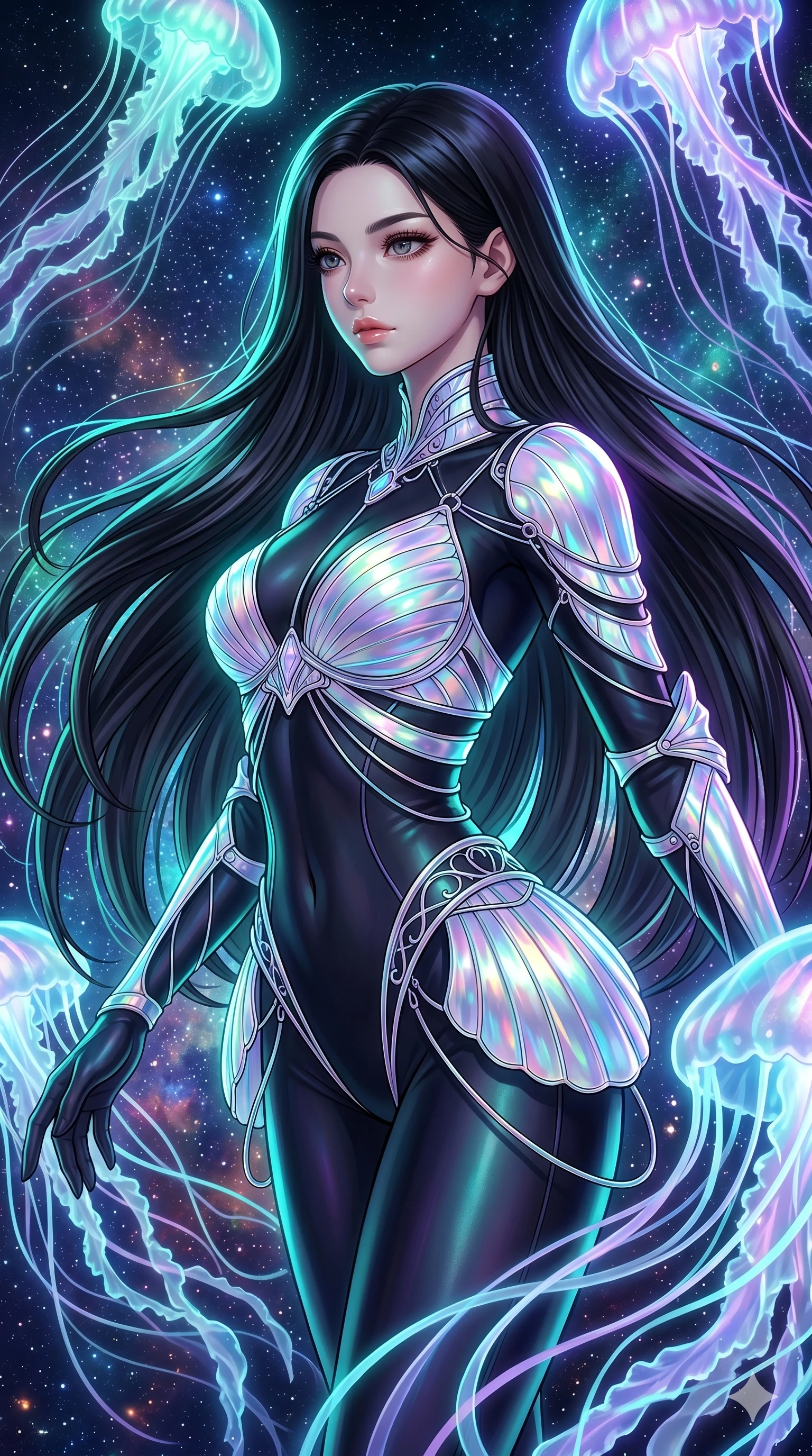 score_9, masterpiece, best quality, ultra-detailed, high-budget anime keyframe, Japanese woman. upper body close-up from the thighs up, character filling the screen for maximum presence. swirling gracefully among the glowing ribbon-like tentacles of giant bioluminescent jellyfish floating in a starry sky garden. She has an absolutely perfect 8-heads proportion, an exceptionally tall and slender female figure with impossibly long slender legs and an ultra-slim waist. V-shaped jawline, high-bridge nose, intricate jewel-like eyes with depth, thick eyelashes, glossy lips with a natural sheen.. wearing a holographic ribbon shell armor, featuring thin iridescent plates linked by wire straps over a sleek contouring base. bathed in brilliant cinematic volumetric lighting and intense neon rim light highlighting her slender form. 2k, ultra detail, master piece, 9:16 ratio