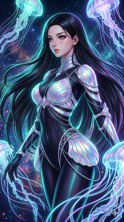 score_9, masterpiece, best quality, ultra-detailed, high-budget anime keyframe, Japanese woman. upper body close-up from the thighs up, character filling the screen for maximum presence. swirling gracefully among the glowing ribbon-like tentacles of 