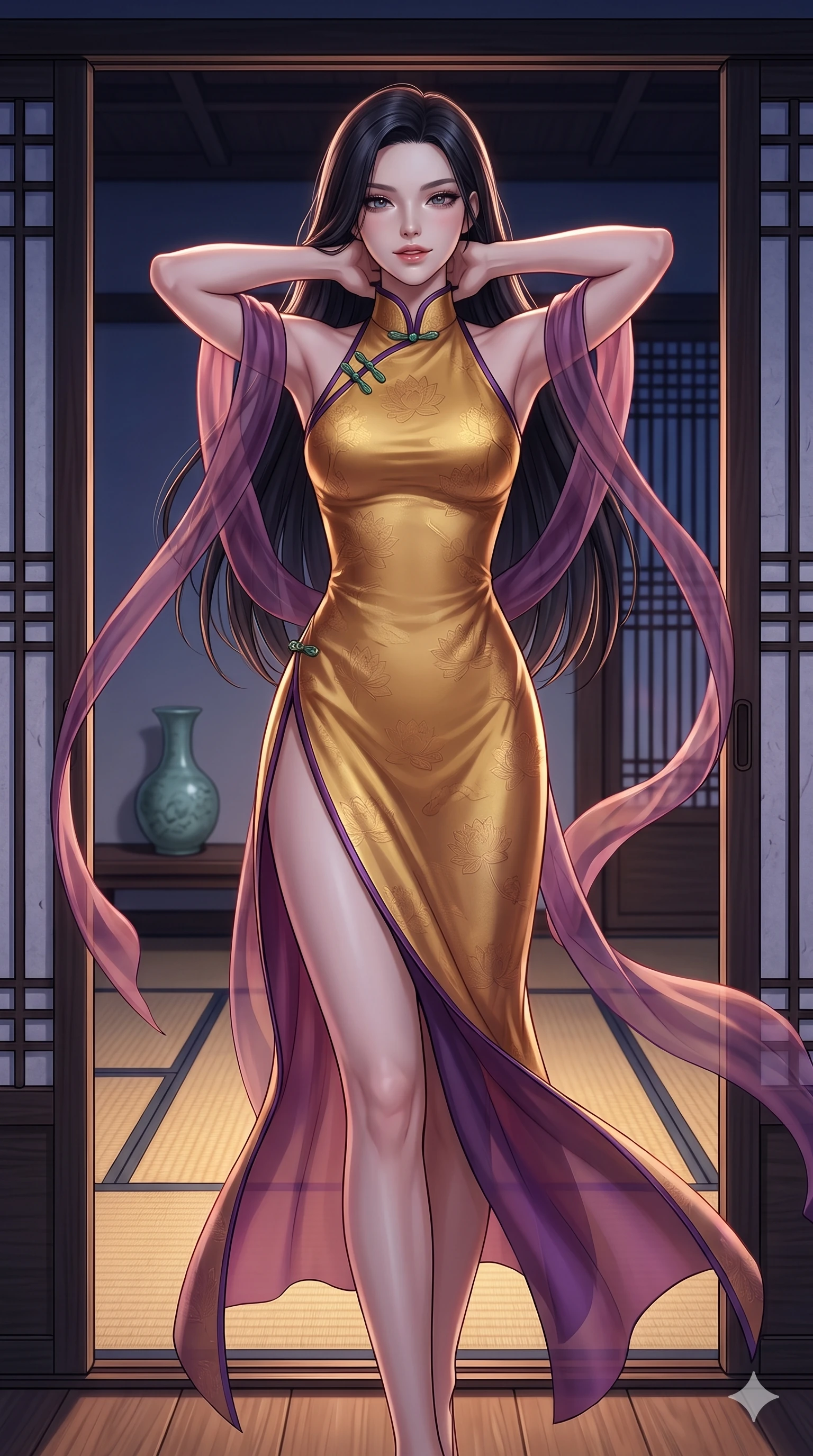 score_9, masterpiece, best quality, ultra-detailed, high-budget anime keyframe, semi-realistic 3D game render, editorial fashion photography, tasteful artistic composition, Korean woman. close-up cowboy shot from the waist and thighs up, the character dominates the composition, filling the frame with her large presence. resting both hands lightly behind her neck with elbows raised, arching her spine to highlight her narrow waist, flat midriff, and breathtaking collarbones while standing poised in the doorway opening, night breezes billowing her sheer silk garments open around her long slender legs. The surrounding environment is rendered in vivid detail and crisp panoramic clarity: sharp mulberry paper texture on sliding doors, woven rush mat seams, and celadon ceramic glaze in deep focus. She has an exceptionally elegant, slender, and willowy female figure with an ultra-slim waist, flat toned midriff, narrow ribcage, and sculpted feminine hips creating an alluring, slim hourglass silhouette without bulk. sharp v-shaped jawline, high-bridge nose, sparkling eyes with hypnotic seductive depth, thick curled eyelashes, glossy parted lips with a natural dewy peach sheen, alluring bedroom-eyes with an enchanting coquettish smile, exuding magnetic siren charisma and sophisticated glamour, flawlessly proportioned anatomical accuracy, strict slender model proportions, natural body alignment, perfectly sculpted long slender limbs, ultra-slim waistline, clean dynamic posture without body distortion. wearing a refined high-collar fusion qipao evening column gown with structured shoulders and modest jade toggle clasps in imperial gold and royal plum purple, tailored from rich silk jacquard with subtle embossed lotus blossom patterns, finished with long silk ribbon ties fluttering down her bare spine from a backless halter, the bespoke structured tailoring following the natural line of her 8.5-heads silhouette with refined elegance. illuminated by polished floor bounce and sharp rose-gold rim lights defining her razor-sharp jawline, narrow waist, and curvy hips. highly saturated vibrant anime colors, detailed shading with soft gradients, rich glossy textures, high-contrast stereoscopic depth, volumetric dynamic lighting, master piece, 9:16 ratio