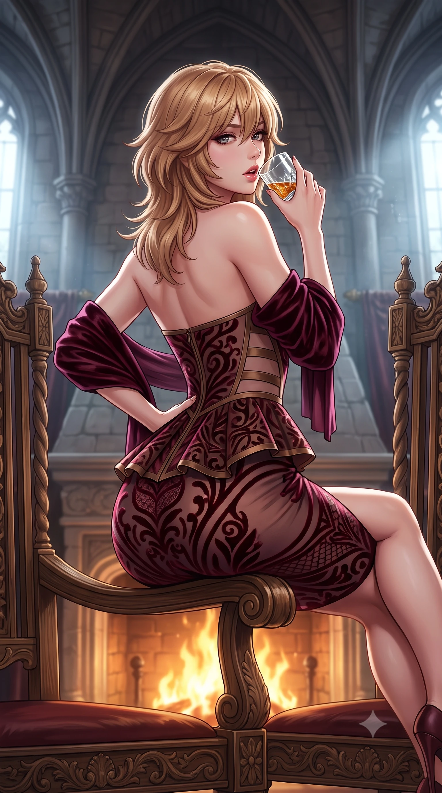 score_9, masterpiece, best quality, ultra-detailed, high-budget anime keyframe, semi-realistic 3D game render, editorial fashion photography, tasteful artistic composition, Japanese woman. close-up cowboy shot from the waist and thighs up, the character dominates the composition, filling the frame with her large presence. posing in an alluring rear three-quarter angle, arching her lower back in a pronounced S-curve with one hand on her hip, glancing seductively over her bare shoulder with parted glossy lips while sitting high on an antique carved oak throne before a roaring stone fireplace with legs crossed, raising a crystal dram to her parted glossy lips while looking over her shoulder. The composition keeps background elements in soft focus with creamy bokeh. towering gothic stone rib vaults and heavy velvet tapestries softened in moody shallow focus. She has an exceptionally elegant, slender, and willowy female figure with an ultra-slim waist, flat toned midriff, narrow ribcage, and sculpted feminine hips creating an alluring, slim hourglass silhouette without bulk. sharp v-shaped jawline, high-bridge nose, intricate jewel-like eyes with depth, thick eyelashes, glossy parted lips with a natural sheen, intensely captivating and seductive bedroom-eyes expression, flawlessly proportioned anatomical accuracy, strict slender model proportions, natural body alignment, perfectly sculpted long slender limbs, ultra-slim waistline, clean dynamic posture without body distortion. wearing a structural geometric peplum gown with sheer side-ribbon cutouts and form-fitting skirt in deep wine burgundy and antique bronze, made of sheer contouring power-mesh with velvet flocking patterns, complemented by a plush velvet shawl draped loosely over her elbows, the second-skin form-contouring cut accentuating her sculpted flat midriff, narrow delicate ribcage, and gracefully curvy hips with supermodel precision. bathed in roaring stone hearth firelight from below and cool misty daylight streaming from towering castle windows. highly saturated vibrant anime colors, detailed shading with soft gradients, rich glossy textures, high-contrast stereoscopic depth, volumetric dynamic lighting, master piece, 9:16 ratio