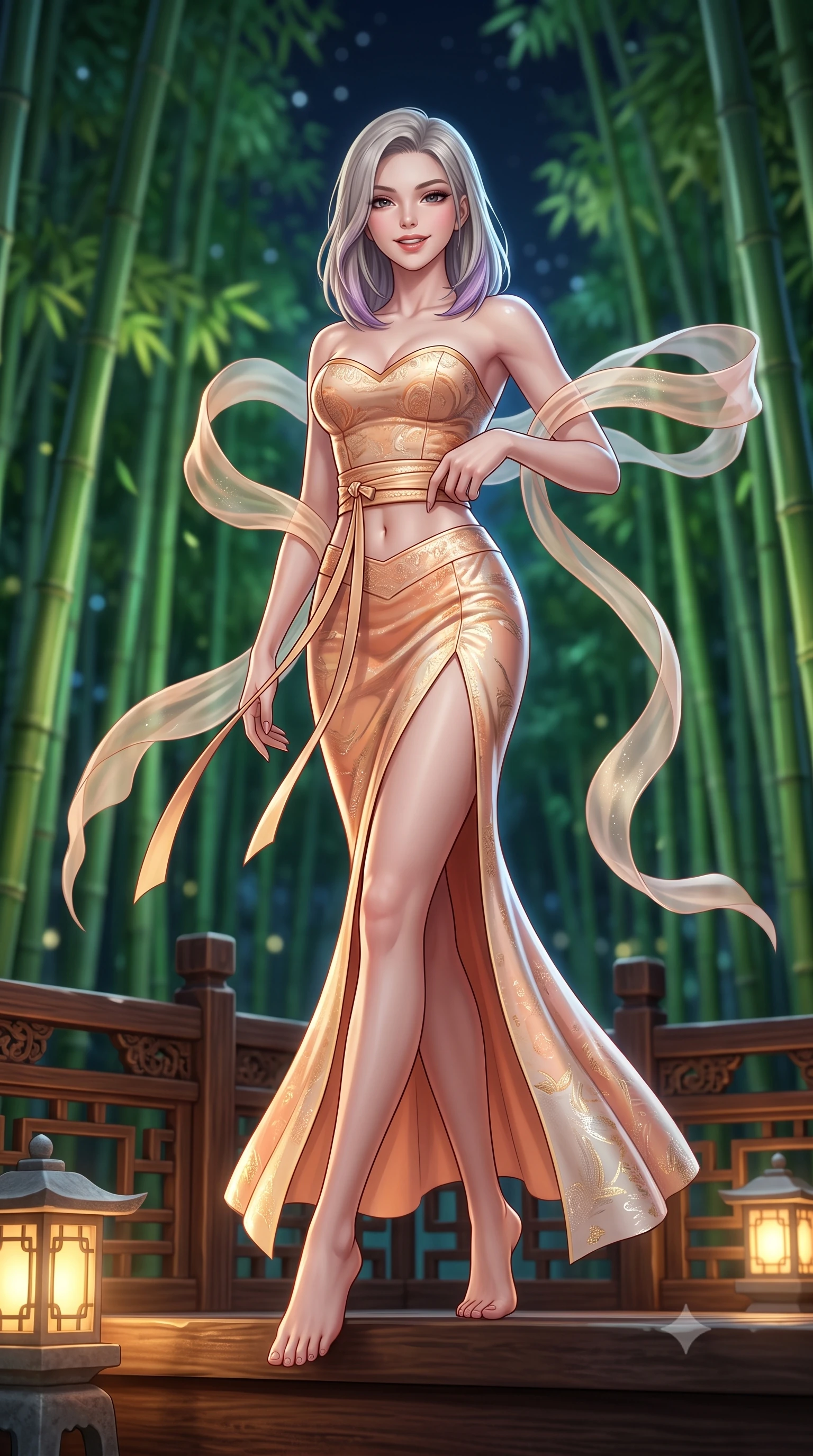 score_9, masterpiece, best quality, ultra-detailed, high-budget anime keyframe, semi-realistic 3D game render, editorial fashion photography, tasteful artistic composition, Caucasian woman. low angle full-body shot from head to toe showing her feet, filling the entire 9:16 vertical frame with her statuesque presence, stretching her vertical silhouette. sitting perched on the elevated pavilion terrace edge with legs crossed and hips angled toward the camera, displaying her toned midriff and long slender limbs with joyful, coquettish charm while pausing mid-stride with one hand touching her obi belt, her statuesque 8.5-heads silhouette commanding the ethereal bamboo cathedral. The background shows a soft-focus soaring emerald green bamboo groves reaching toward the midnight sky blurred into jade, chartreuse, and deep starlight bokeh. She has an absolutely perfect, statuesque 8.5-heads proportion, an exceptionally tall and slender model-like female figure with impossibly long slender legs, an ultra-slim waist, a flat toned midriff, narrow delicate ribcage, and beautifully sculpted feminine hips creating a graceful, slim hourglass silhouette without any bulky heaviness. sharp v-shaped jawline, high-bridge nose, intricate jewel-like dark sparkling almond eyes with depth, thick lashes, glossy parted lips with a natural rose-plum sheen, bright alluring and coquettish smile with bedroom-eyes, exuding both timeless oriental elegance and sovereign high-fashion allure, flawlessly proportioned anatomical accuracy, strict slender model proportions, natural body alignment, perfectly sculpted long slender limbs, ultra-slim waistline, clean dynamic posture without body distortion. wearing a sweetheart-neckline oriental jacquard bustier top paired with a curve-hugging high-slit mermaid maxi skirt in warm peach apricot and soft vanilla silk, woven from metallic gold and silver thread casting subtle starlight glints, accented with flowing gossamer silk ribbons that flutter dynamically in the evening breeze, the form-contouring cut accentuating her sculpted flat midriff, narrow delicate ribcage, and gracefully curvy hips with regal oriental supermodel elegance. illuminated by ground stone lantern bounce and sharp silver rim lights carving her sculpted collarbones, ultra-slim waist, and curvy hips. highly saturated vibrant anime colors, detailed shading with soft gradients, rich glossy textures, high-contrast stereoscopic depth, volumetric dynamic lighting, master piece, 9:16 ratio