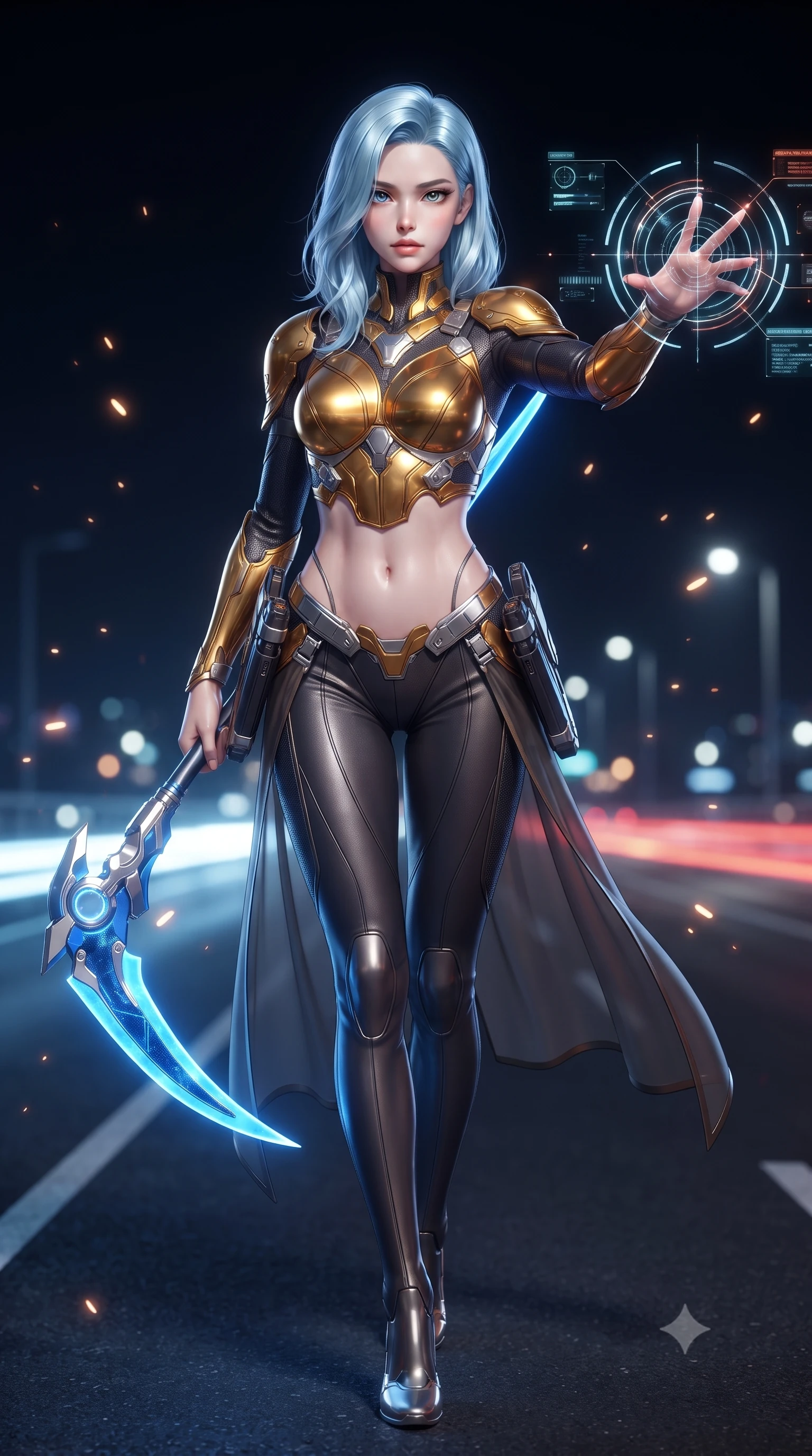 score_9, masterpiece, best quality, ultra-detailed, high-budget anime keyframe, editorial fashion photography, tasteful artistic composition, Korean woman. close-up cowboy shot from the waist and thighs up, the character dominates the composition, filling the frame with her large presence. extending one arm gracefully as glowing holographic targeting reticles and data streams orbit her fingertips with sovereign power while striding commanding down an elevated neon-lit expressway as autonomous cyber-traffic speeds past in blurred light trails. The composition keeps background elements in soft focus with creamy bokeh. sparks from vibro-blades scattering radiant light motes across a dark nocturnal highway backdrop. She has an exceptionally elegant, slender, and willowy female figure with an ultra-slim waist, a gracefully sculpted slender torso, toned flat midriff, and a refined slim silhouette. sharp v-shaped jawline, high-bridge nose, intricate jewel-like eyes with depth, thick eyelashes, glossy lips with a natural sheen, flawlessly proportioned anatomical accuracy, strict slender model proportions, natural body alignment, perfectly sculpted long slender limbs, ultra-slim waistline, clean dynamic posture without body distortion. wearing a sculpted molten-gold and dark carbon cuirass paired with high-mobility combat leggings and sheer side drapes, wielding a glowing plasma energy scythe with fluid grace in electric cobalt blue carbon with polished platinum trim, made of lightweight aerodynamic carbon-titanium alloy with polished edge bevels, detailed with magnetic weapon holsters and polished chrome connection clasps, the precision-cut daring openings accentuating her delicate midriff, graceful bare collarbones, and ultra-slim feminine waistline. illuminated by sharp specular highlights tracing her ultra-slim waist, long legs, and sculpted armor plates. ultra-reflective glossy finish, specular highlights, dark metallic sheen, high-contrast stereoscopic depth, volumetric dynamic lighting, 2k, ultra detail, master piece, 9:16 ratio