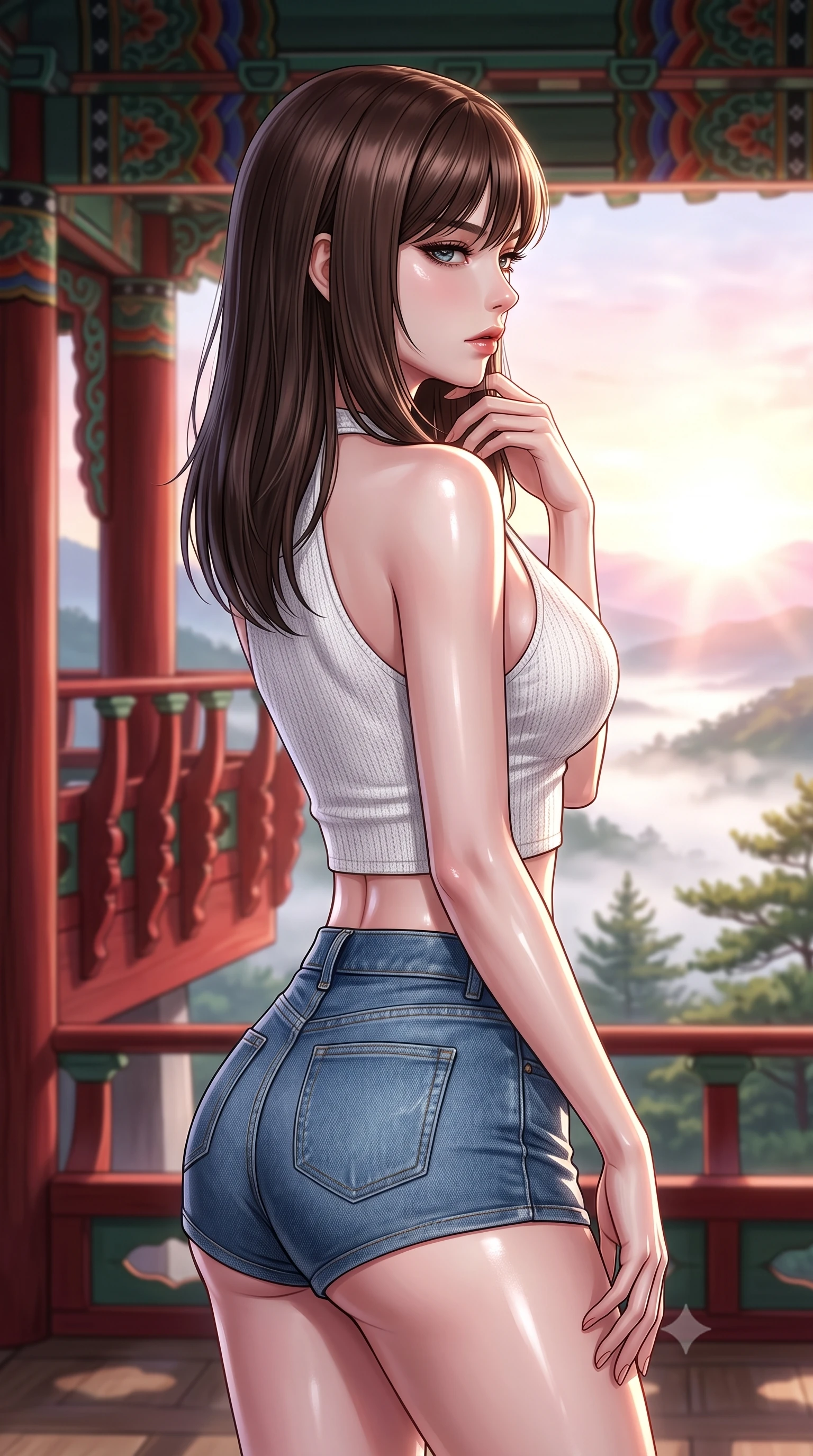 score_9, masterpiece, best quality, ultra-detailed, high-budget anime keyframe, editorial fashion photography, tasteful artistic composition, Korean woman. close-up cowboy shot from the waist and thighs up, the character dominates the composition, filling the frame with her large presence, background elements kept in soft focus. turning her face in sharp profile, casting a cold, mysterious, yet intensely alluring side gaze, the background shows a soft-focus a red lacquered pavilion overlooking a misty mountain valley at sunrise. She has an exceptionally elegant, slender, and willowy female figure with an ultra-slim waist, a gracefully sculpted slender torso, and a refined silhouette. sharp v-shaped jawline, high-bridge nose, intricate jewel-like eyes with depth, thick eyelashes, glossy lips with a natural sheen. wearing a form-contouring chic knit halter crop top paired with denim micro-shorts, showing her delicately sculpted midriff. bright morning sun highlighting the white fog and green pine trees. ultra-reflective glossy finish, specular highlights, metallic sheen, high-contrast stereoscopic depth, volumetric dynamic lighting, 2k, ultra detail, master piece, 9:16 ratio