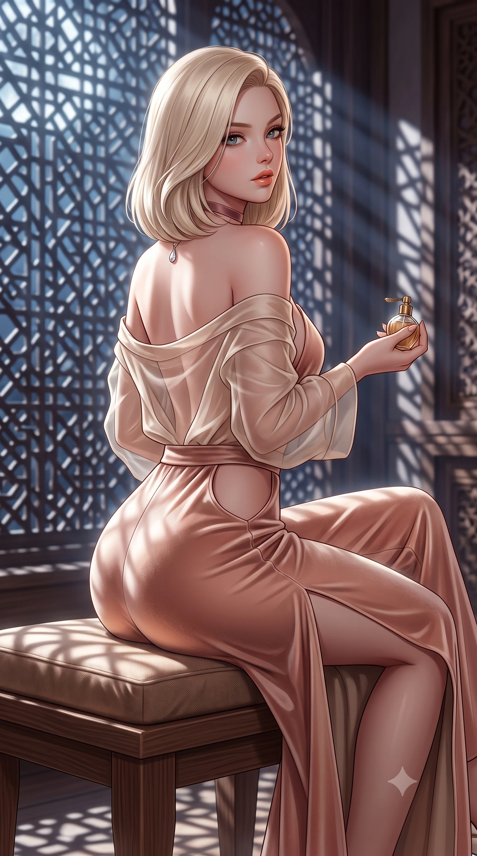 score_9, masterpiece, best quality, ultra-detailed, high-budget anime keyframe, semi-realistic 3D game render, editorial fashion photography, tasteful artistic composition, Caucasian woman. close-up cowboy shot from the waist and thighs up, the character dominates the composition, filling the frame with her large presence. posing in an alluring rear three-quarter angle, looking over a bare shoulder with parted glossy lips, her hips cocked back to highlight her slim hourglass curve while sitting poised on the low cushioned cedar bench with legs crossed, holding a brass perfume vial with dangerous coquettish allure. The surrounding environment is rendered in vivid detail and crisp panoramic clarity: detailed sheer silk organza modern robe slipping off shoulders, red satin bralette cling, and master woodcraft in high resolution. She has an exceptionally elegant, slender, and willowy female figure with an ultra-slim waist, flat toned midriff, narrow ribcage, and sculpted feminine hips creating an alluring, slim hourglass silhouette without bulk. sharp v-shaped jawline, high-bridge nose, sparkling eyes with hypnotic seductive depth, thick curled eyelashes, glossy parted lips with a natural dewy peach sheen, alluring bedroom-eyes with an enchanting coquettish smile, exuding magnetic siren charisma and sophisticated glamour, flawlessly proportioned anatomical accuracy, strict slender model proportions, natural body alignment, perfectly sculpted long slender limbs, ultra-slim waistline, clean dynamic posture without body distortion. wearing a backless plunge-front silk satin jumpsuit with fluid wide-leg silhouette and side hip cutouts in dusky blush peach and champagne crystal, tailored from ultra-plush velvet with rich tactile depth and deep shadow gradients, finished with a thin velvet ribbon choker and a single teardrop diamond pendant, the high-slit wrap tailoring accentuating her ultra-slim waistline and the enchanting curve of her feminine hips with alluring seductive charm. bathed in sharp geometric patterned light and shadow projected by moonlight streaming through the mashrabiya lattice. highly saturated vibrant anime colors, detailed shading with soft gradients, rich glossy textures, high-contrast stereoscopic depth, volumetric dynamic lighting, master piece, 9:16 ratio