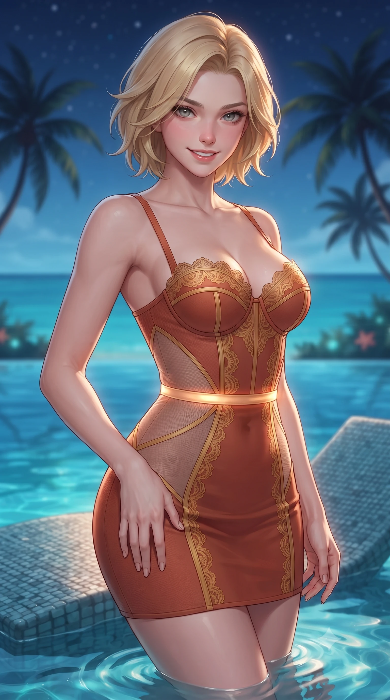score_9, masterpiece, best quality, ultra-detailed, high-budget anime keyframe, editorial fashion photography, tasteful artistic composition, Caucasian woman. close-up cowboy shot from the waist and thighs up, the character dominates the composition, filling the frame with her large presence. tilting her head with a teasing half-smile, running one hand slowly down the side of her hip in a flirtatious S-curve as ambient light caresses her silhouette while twisting her slender torso in an alluring contrapposto stance on the submerged sunbed, glowing pool lights wrapping around her flat midriff and hips. The background shows a soft-focus infinite turquoise ocean horizon, silhouettes of curved coconut palms against twilight stars, and coral reef breaks blurred into cyan, sapphire, and diamond bokeh. She has an exceptionally elegant, slender, and willowy female figure with an ultra-slim waist, flat toned midriff, narrow ribcage, and sculpted feminine hips creating an alluring, slim hourglass silhouette without bulk. sharp v-shaped jawline, high-bridge nose, intricate jewel-like sparkling eyes with depth, thick eyelashes, glossy parted lips with a natural peach sheen, bright cheerful beaming smile with an enchanting and coquettish sensual glint, exuding both youthful cute charm and seductive allure, flawlessly proportioned anatomical accuracy, strict slender model proportions, natural body alignment, perfectly sculpted long slender limbs, ultra-slim waistline, clean dynamic posture without body distortion. wearing an alluring plunging sweetheart bustier dress with sheer mesh side-waist cutouts contouring her ribs in Florentine Renaissance Medici terracotta and warm gilded ochre, crafted from bespoke double-faced cashmere with an exceptionally soft tactile finish, finished with scalloped eyelash lace trim framing her sweetheart neckline with intimate elegance, the form-contouring silhouette accentuating her sculpted flat midriff, narrow delicate ribcage, and gracefully curvy hips with intoxicating allure. illuminated by water surface specular bounce and sharp cyan-and-platinum dual rim lights sculpting her jawline, narrow waist, and curvy hips. ultra-reflective glossy finish, specular highlights, rich textural contrasts, high-contrast stereoscopic depth, volumetric dynamic lighting, 2k, ultra detail, master piece, 9:16 ratio