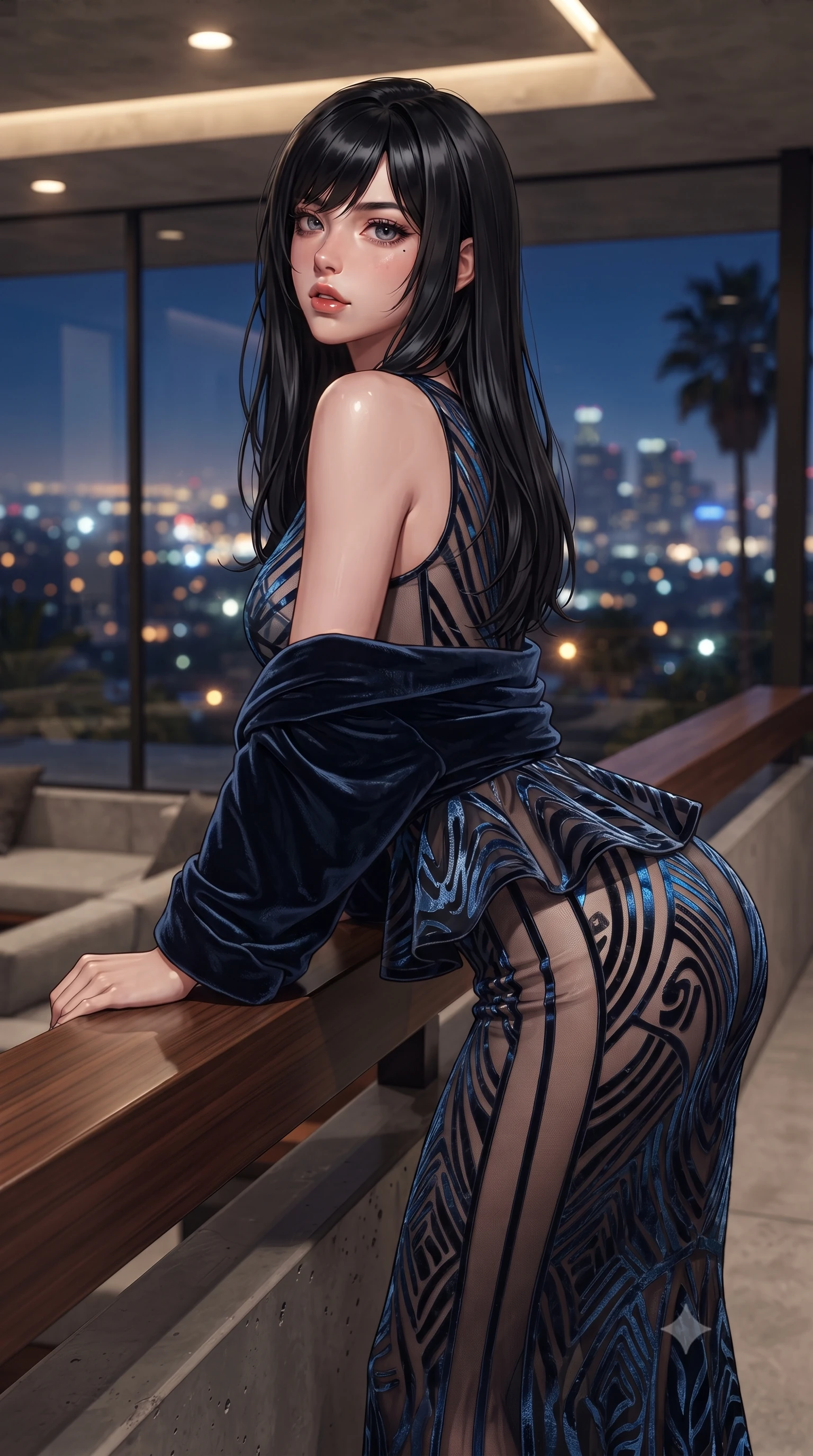 score_9, masterpiece, best quality, ultra-detailed, high-budget anime keyframe, editorial fashion photography, tasteful artistic composition, Caucasian woman. close-up cowboy shot from the waist and thighs up, the character dominates the composition, filling the frame with her large presence. leaning forward against the polished railing with her hips cocked back, creating an intoxicating curve from her narrow waist to sculpted hips as she gazes back into the lens while lounging in the iconic angular concrete sunken living room, arching her back as the glittering Los Angeles city lights spread endlessly beyond frameless glass. The composition keeps background elements in soft focus with creamy bokeh. endless Los Angeles night city light grid and Beverly Hills hillside palms blurred into sparkling gold, amber, and indigo bokeh. She has an exceptionally elegant, slender, and willowy female figure with an ultra-slim waist, flat toned midriff, narrow ribcage, and sculpted feminine hips creating an alluring, slim hourglass silhouette without bulk. sharp v-shaped jawline, high-bridge nose, intricate jewel-like eyes with depth, thick eyelashes, glossy parted lips with a natural sheen, intensely captivating and seductive bedroom-eyes expression, flawlessly proportioned anatomical accuracy, strict slender model proportions, natural body alignment, perfectly sculpted long slender limbs, ultra-slim waistline, clean dynamic posture without body distortion. wearing a structural geometric peplum gown with sheer side-ribbon cutouts and form-fitting skirt in metallic gunmetal and electric azure, made of sheer contouring power-mesh with velvet flocking patterns, complemented by a plush velvet shawl draped loosely over her elbows, the form-contouring material adhering flawlessly to her sculpted flat midriff and slender torso, emphasizing her long leg lines and perfectly proportioned willowy build. bathed in warm recessed architectural cove lighting contrasting with cool blue night city ambient skylight. ultra-reflective glossy finish, specular highlights, rich textural contrasts, high-contrast stereoscopic depth, volumetric dynamic lighting, 2k, ultra detail, master piece, 9:16 ratio