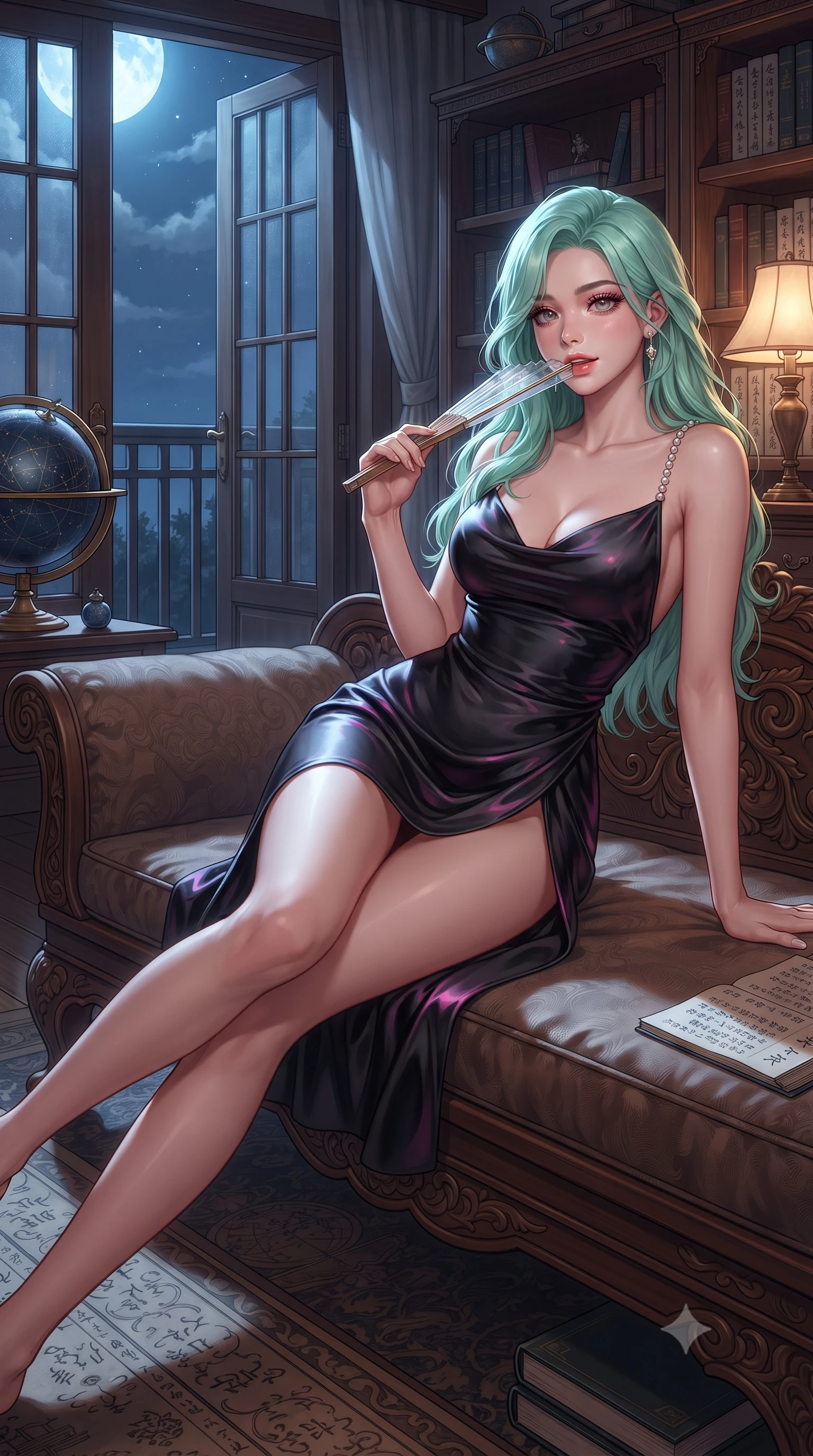 score_9, masterpiece, best quality, ultra-detailed, high-budget anime keyframe, editorial fashion photography, tasteful artistic composition, Japanese woman. low angle full-body shot from head to toe showing her feet, filling the entire 9:16 vertical frame with her statuesque presence, stretching her vertical silhouette. reclining gracefully across the plush chaise lounge with one leg extended, her sculpted silhouette and flat midriff radiating magnetic nocturnal glamour while reclining on a carved wooden library bench propped on one elbow, her flat midriff and long slender legs highlighted by moonlight. The surrounding environment is rendered in vivid detail and crisp panoramic clarity: sharp carved teak wood grain, brass globe constellation markings, and delicate rice paper scroll calligraphy in deep focus. She has an absolutely perfect, statuesque 8.5-heads proportion, an exceptionally tall and slender model-like female figure with impossibly long slender legs, an ultra-slim waist, a flat toned midriff, narrow delicate ribcage, and beautifully sculpted feminine hips creating a graceful, slim hourglass silhouette without any bulky heaviness. sharp v-shaped jawline, high-bridge nose, sparkling eyes with hypnotic seductive depth, thick curled eyelashes, glossy parted lips with a natural dewy peach sheen, alluring bedroom-eyes with an enchanting coquettish smile, exuding magnetic siren charisma and sophisticated glamour, flawlessly proportioned anatomical accuracy, strict slender model proportions, natural body alignment, perfectly sculpted long slender limbs, ultra-slim waistline, clean dynamic posture without body distortion. wearing a low-cut draped cowl-back satin slip mini dress with dainty pearl spaghetti straps in wet-look onyx black with electric fuchsia reflections, made of delicate semi-sheer Korean gossamer organza with subtle pearlescent glints, finished with a transparent silk folding fan held gracefully near her glossy parted lips, the high-slit wrap tailoring accentuating her ultra-slim waistline and the enchanting curve of her feminine hips with alluring seductive charm. bathed in cool moonlight streaming through open balcony doors mixed with warm incandescent reading lamp glow. ultra-reflective glossy finish, specular highlights, rich textural contrasts, high-contrast stereoscopic depth, volumetric dynamic lighting, 2k, ultra detail, master piece, 9:16 ratio