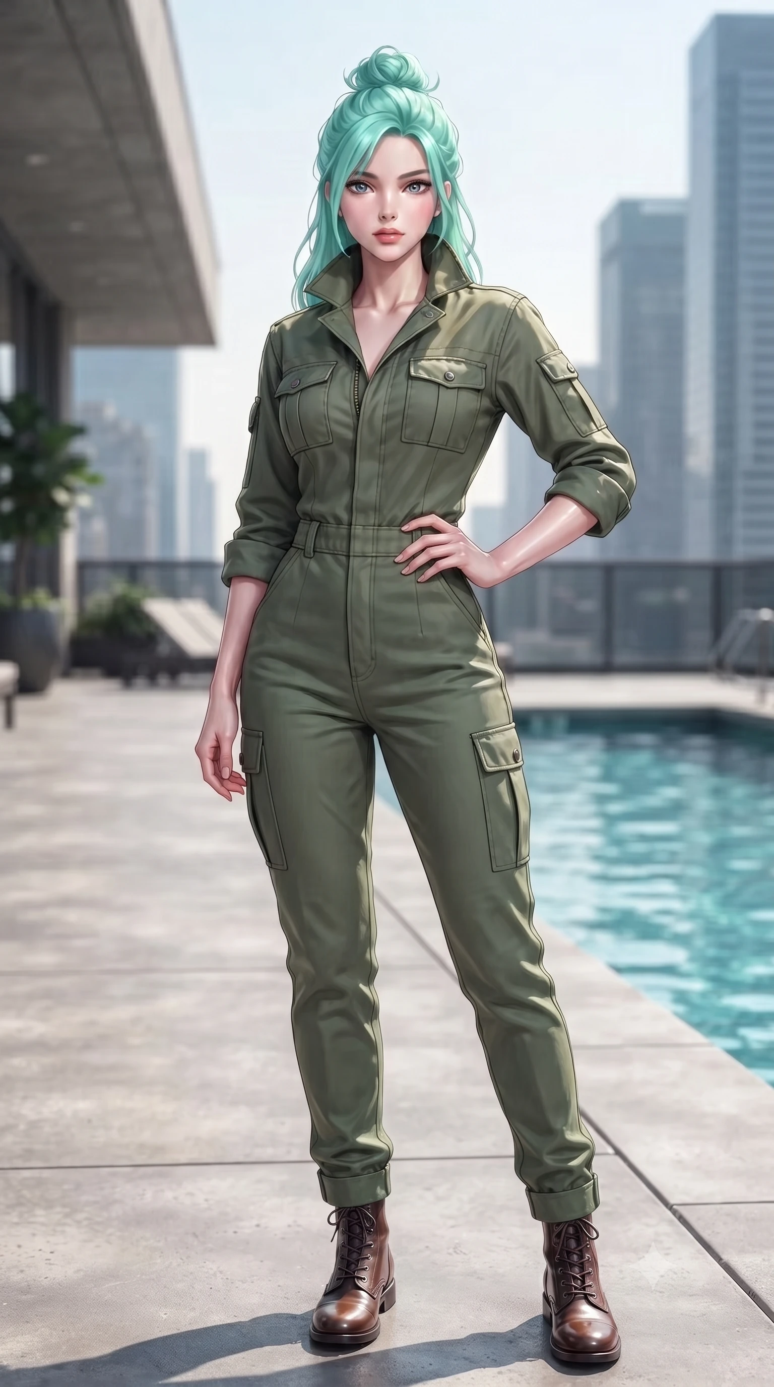 score_9, masterpiece, best quality, ultra-detailed, high-budget anime keyframe, editorial fashion photography, tasteful artistic composition, Japanese woman. low angle full-body shot from head to toe showing her feet, filling the entire 9:16 vertical frame with her statuesque presence, stretching her vertical silhouette. posing confidently with one hand on her hip, stretching her statuesque body to emphasize her curves the background shows a soft-focus a concrete helipad deck next to a private swimming pool on a rooftop. She has an absolutely perfect, statuesque 8.5-heads proportion, an exceptionally tall and slender model-like female figure with impossibly long slender legs and an ultra-slim waist. sharp v-shaped jawline, high-bridge nose, intricate jewel-like eyes with depth, thick eyelashes, glossy lips with a natural sheen. wearing a body-hugging comfortable olive green cotton utility jumpsuit with a structured collar and rolled-up sleeves. shifting aqua light reflections from the pool water mapping across her features. ultra-reflective glossy finish, specular highlights, metallic sheen, high-contrast stereoscopic depth, volumetric dynamic lighting, 2k, ultra detail, master piece, 9:16 ratio