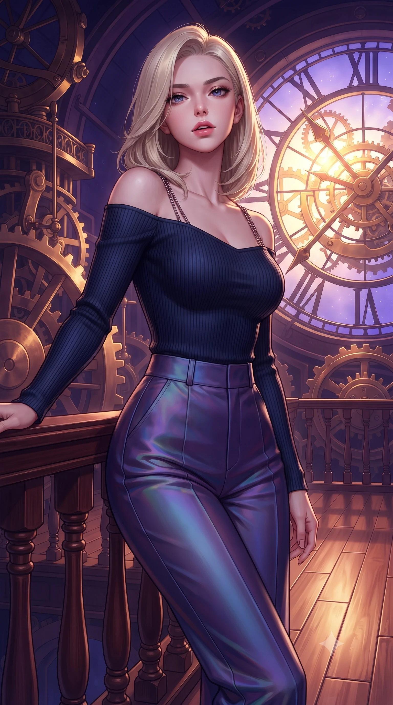score_9, masterpiece, best quality, ultra-detailed, high-budget anime keyframe, editorial fashion photography, tasteful artistic composition, Caucasian woman. close-up cowboy shot from the waist and thighs up, the character dominates the composition, filling the frame with her large presence, background elements kept in soft focus. Tilting her chin up slightly with lips parted in a magnetic, composed expression leaning against a vintage mahogany balustrade inside a mechanical observatory, dramatic twilight amber light streaming through the giant clock window. She has an exceptionally elegant, slender, and willowy female figure with an ultra-slim waist, a gracefully sculpted slender torso, and a refined silhouette. sharp v-shaped jawline, high-bridge nose, intricate jewel-like eyes with depth, thick eyelashes, glossy lips with a natural sheen. wearing a sleek off-shoulder ribbed knit top paired with high-waist tailored pants in midnight navy blue and chrome trim, crafted from iridescent chiffon that shifts colors in the light, adorned with delicate metallic chain straps along the neckline, the form-contouring material highlighting her ultra-slim waist and long lines. lit by a contrast of deep violet sky and radiant golden mechanical light. highly saturated vibrant anime colors, detailed shading with soft gradients, rich glossy textures, high-contrast stereoscopic depth, volumetric dynamic lighting, master piece, 9:16 ratio