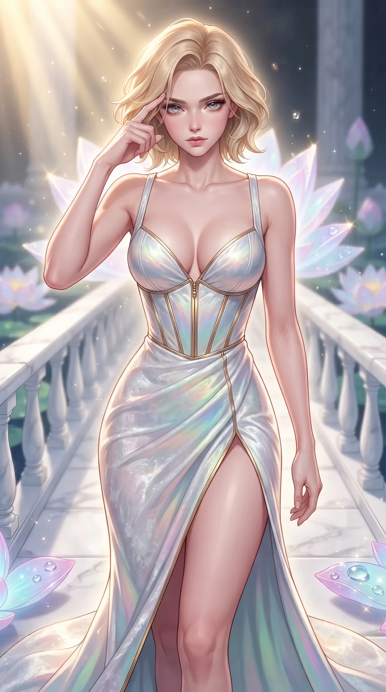 score_9, masterpiece, best quality, ultra-detailed, high-budget anime keyframe, editorial fashion photography, tasteful artistic composition, Caucasian woman. close-up cowboy shot from the waist and thighs up, the character dominates the composition, filling the frame with her large presence, background elements kept in soft focus. Pressing two fingers to her temple in a composed, sharp thoughtful gesture, walking across a floating white marble bridge surrounded by bioluminescent lotus petals, dewdrops on crystal petals sparkling under golden sunbeams. She has an exceptionally elegant, slender, and willowy female figure with an ultra-slim waist, a gracefully sculpted slender torso, and a refined silhouette. sharp v-shaped jawline, high-bridge nose, intricate jewel-like eyes with depth, thick eyelashes, glossy lips with a natural sheen. wearing low-cut structured bodice gown in liquid pearl with high leg slit in pale opal seafoam, made of crushed white silk velvet, finished with metallic gold boning and sleek zipper points, highlighting her statuesque proportions and ultra-slim waistline. surrounded by a gentle glowing aura of crystal lotus light. highly saturated vibrant anime colors, detailed shading with soft gradients, rich glossy textures, high-contrast stereoscopic depth, volumetric dynamic lighting, master piece, 9:16 ratio