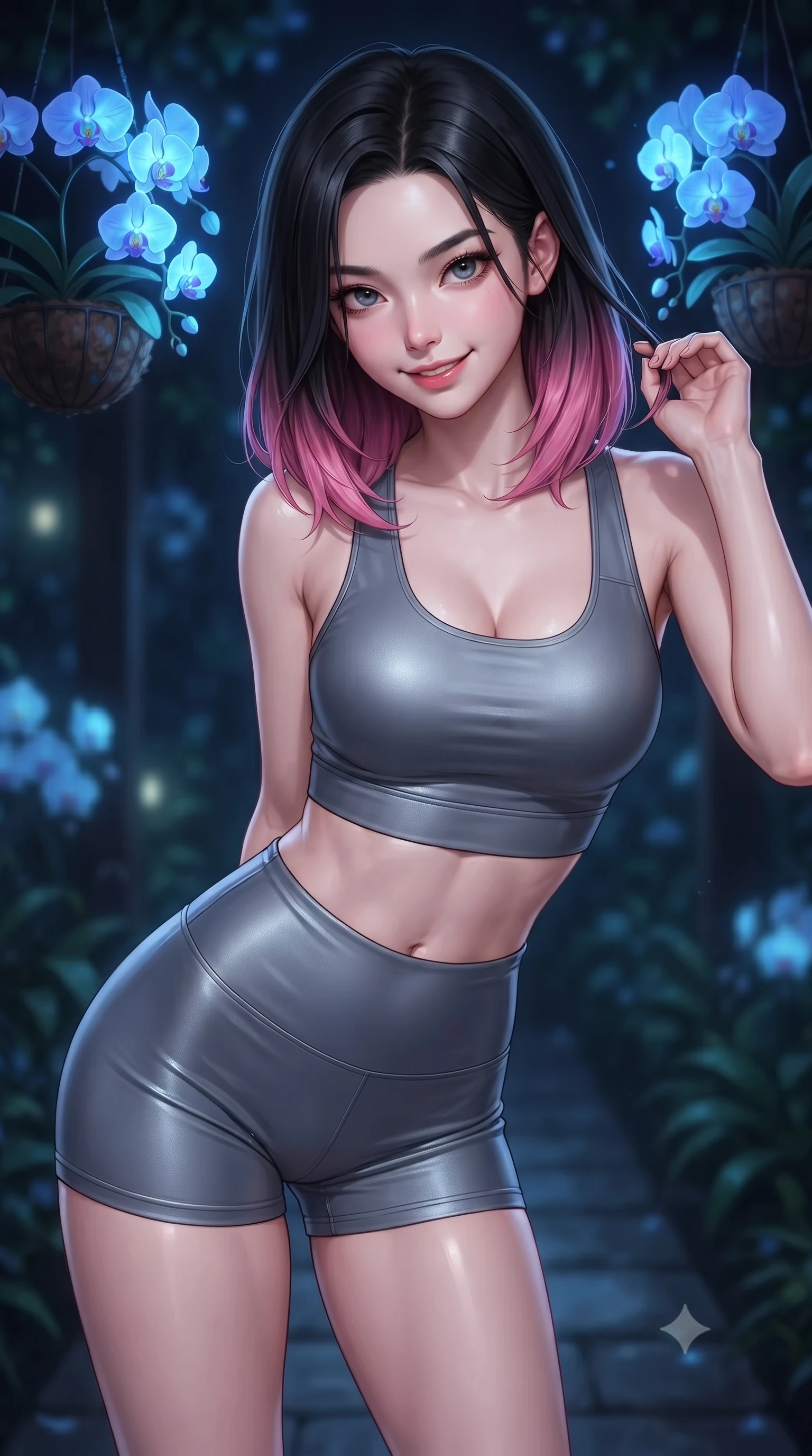 score_9, masterpiece, best quality, ultra-detailed, high-budget anime keyframe, editorial fashion photography, tasteful artistic composition, Korean woman. close-up cowboy shot from the waist and thighs up, the character dominates the composition, filling the frame with her large presence, background elements kept in soft focus. leaning slightly forward with a playful, teasing smile, her gaze locked onto the viewer the background shows a soft-focus a private garden pathway under hanging baskets of glowing blue orchids at night. She has an exceptionally elegant, slender, and willowy female figure with an ultra-slim waist, a gracefully sculpted slender torso, and a refined silhouette. sharp v-shaped jawline, high-bridge nose, intricate jewel-like eyes with depth, thick eyelashes, glossy lips with a natural sheen. wearing a slim-fit body-hugging athletic crop top and high-waisted shorts set in slate grey. soft blue bioluminescent light making her skin luminously glow against the dark. ultra-reflective glossy finish, specular highlights, metallic sheen, high-contrast stereoscopic depth, volumetric dynamic lighting, 2k, ultra detail, master piece, 9:16 ratio