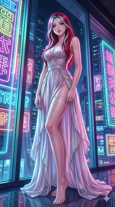 score_9, masterpiece, best quality, ultra-detailed, High-budget Anime Keyframe, East Asian woman. Low angle cowboy shot filling the entire 9:16 frame with her statuesque presence. Scenario 87: Adjusting her thigh-high stocking by a glowing neon windo
