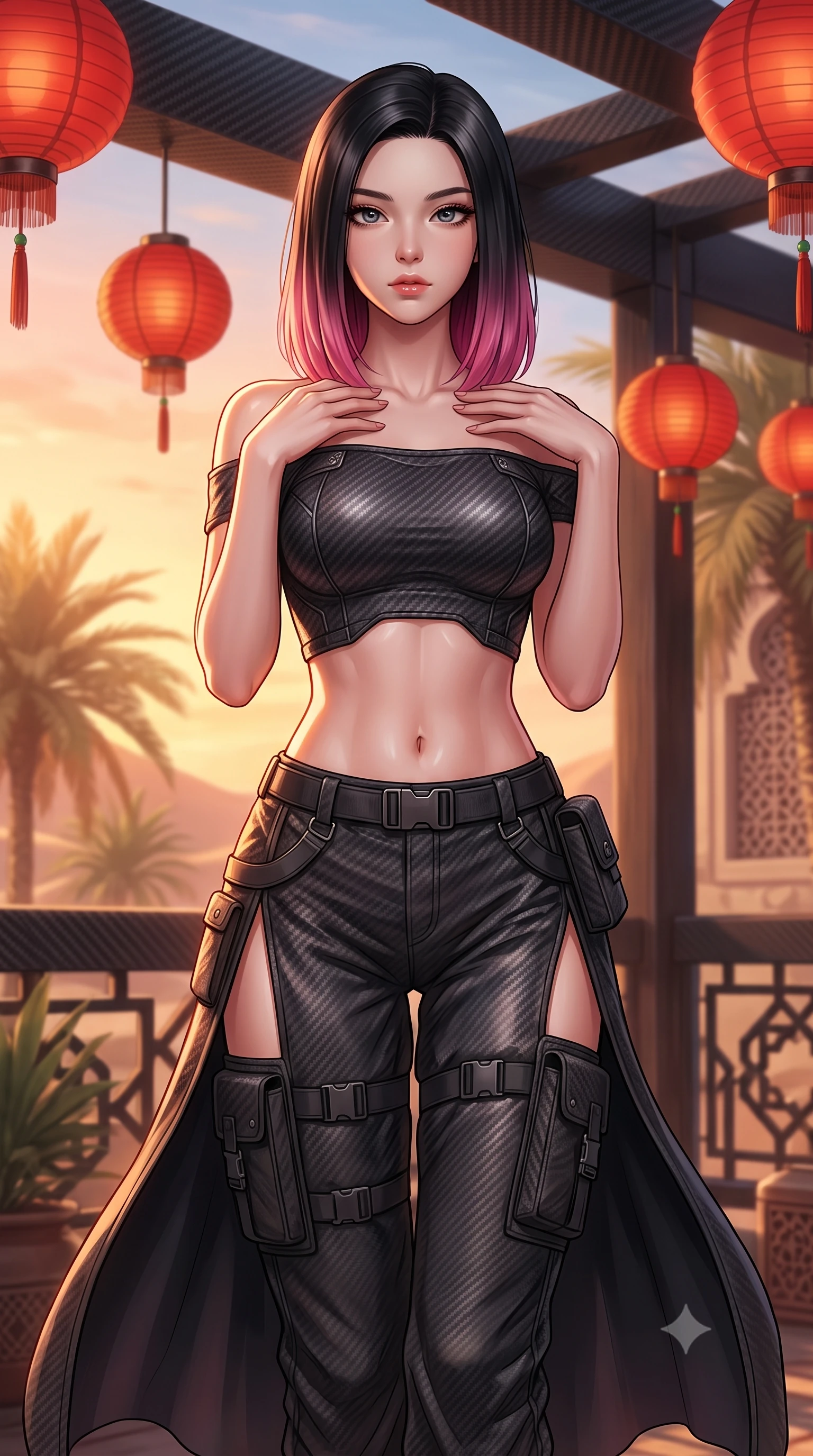score_9, masterpiece, best quality, ultra-detailed, high-budget anime keyframe, editorial fashion photography, tasteful artistic composition, Korean woman. close-up cowboy shot from the waist and thighs up, the character dominates the composition, filling the frame with her large presence, background elements kept in soft focus. standing in a relaxed, elegant posture with both hands resting lightly on her collarbone, looking at the viewer with bedroom-eyes, the background shows a soft-focus a desert oasis balcony with red lanterns hanging from carbon beams. She has an exceptionally elegant, slender, and willowy female figure with an ultra-slim waist, a gracefully sculpted slender torso, and a refined silhouette. sharp v-shaped jawline, high-bridge nose, intricate jewel-like eyes with depth, thick eyelashes, glossy lips with a natural sheen. wearing a body-hugging off-shoulder carbon-fiber armor top paired with high-slit tactical cargo pants, showing her delicately sculpted midriff. warm sunset light casting a peaceful, cozy orange wash on her figure. highly saturated vibrant anime colors, detailed shading with soft gradients, rich glossy textures, high-contrast stereoscopic depth, volumetric dynamic lighting, master piece, 9:16 ratio