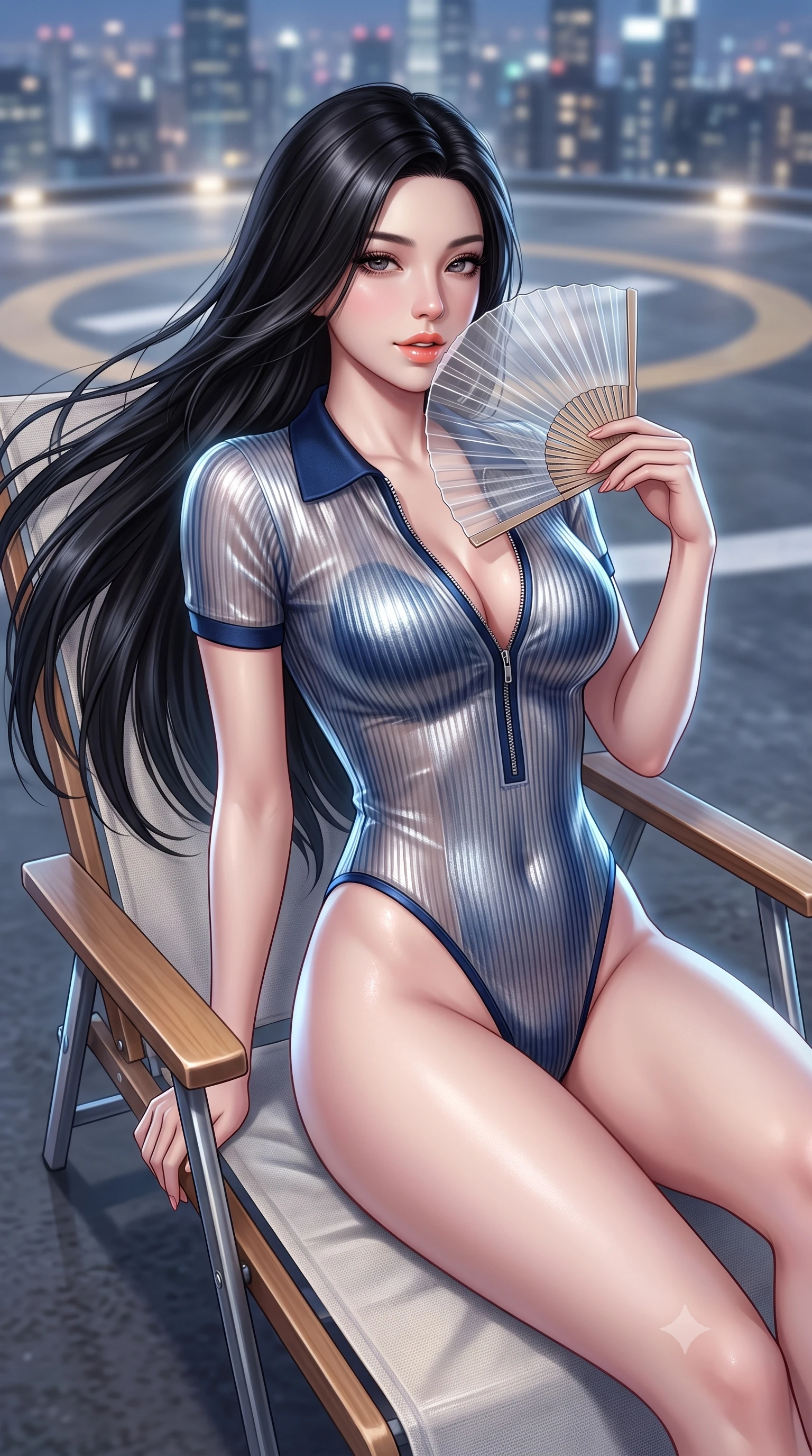 score_9, masterpiece, best quality, ultra-detailed, high-budget anime keyframe, semi-realistic 3D game render, editorial fashion photography, tasteful artistic composition, Korean woman. close-up cowboy shot from the waist and thighs up, the character dominates the composition, filling the frame with her large presence. turning slowly with an enchanting smoldering smile, her glossy hair tossing in the breeze as her hips angle gracefully in a captivating contrapposto while lounging on an outdoor retro deck chair propped on one elbow, her flat midriff and long slender limbs framed by the glittering city. The background shows a soft-focus helicopter landing circle markings softened in breezy metropolitan rooftop shallow focus. She has an exceptionally elegant, slender, and willowy female figure with an ultra-slim waist, flat toned midriff, narrow ribcage, and sculpted feminine hips creating an alluring, slim hourglass silhouette without bulk. sharp v-shaped jawline, high-bridge nose, sparkling eyes with hypnotic seductive depth, thick curled eyelashes, glossy parted lips with a natural dewy peach sheen, alluring bedroom-eyes with an enchanting coquettish smile, exuding magnetic siren charisma and sophisticated glamour, flawlessly proportioned anatomical accuracy, strict slender model proportions, natural body alignment, perfectly sculpted long slender limbs, ultra-slim waistline, clean dynamic posture without body distortion. wearing a retro-chic ribbed knit polo bodysuit with a plunging front zipper and high-cut leg openings in metallic liquid silver and deep sapphire navy, made of delicate semi-sheer Korean gossamer organza with subtle pearlescent glints, finished with a transparent silk folding fan held gracefully near her glossy parted lips, the form-contouring silhouette accentuating her sculpted flat midriff, narrow delicate ribcage, and gracefully curvy hips with intoxicating allure. illuminated by helipad floodlight bounce and sharp platinum rim lights sculpting her jawline, flat midriff, and curvaceous hips. highly saturated vibrant anime colors, detailed shading with soft gradients, rich glossy textures, high-contrast stereoscopic depth, volumetric dynamic lighting, master piece, 9:16 ratio