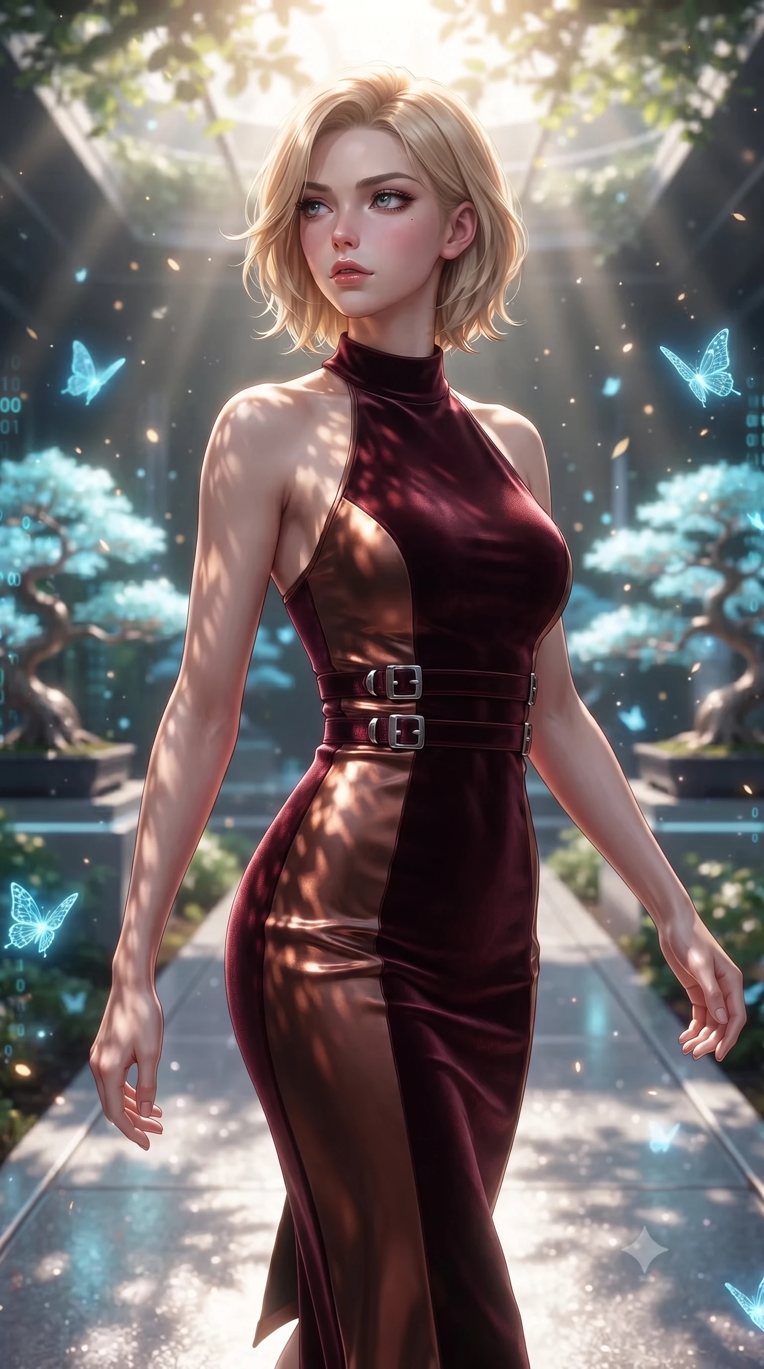 score_9, masterpiece, best quality, ultra-detailed, high-budget anime keyframe, editorial fashion photography, tasteful artistic composition, Caucasian woman. close-up cowboy shot from the waist and thighs up, the character dominates the composition, filling the frame with her large presence, background elements kept in soft focus. Gazing past the lens with composed intensity as her torso curves dynamically in mid-motion while walking along a platinum walkway in a quantum garden filled with glowing glass bonsai trees, glowing pollen particles and binary code butterflies drifting around her form. She has an exceptionally elegant, slender, and willowy female figure with an ultra-slim waist, a gracefully sculpted slender torso, and a refined silhouette. sharp v-shaped jawline, high-bridge nose, intricate jewel-like eyes with depth, thick eyelashes, glossy lips with a natural sheen, flawlessly proportioned anatomical accuracy, natural body alignment, perfectly sculpted elegant limbs, clean dynamic posture without body distortion. wearing a velvet halter-neck midi dress following her form like a glove in deep burgundy and bronze, crafted from smooth liquid silk, detailed with polished silver buckles along the waistline, the glove-like fit emphasizing her statuesque silhouette during motion. illuminated by brilliant sunbeams casting organic leaf stencil shadows. ultra-reflective glossy finish, specular highlights, metallic sheen, high-contrast stereoscopic depth, volumetric dynamic lighting, 2k, ultra detail, master piece, 9:16 ratio