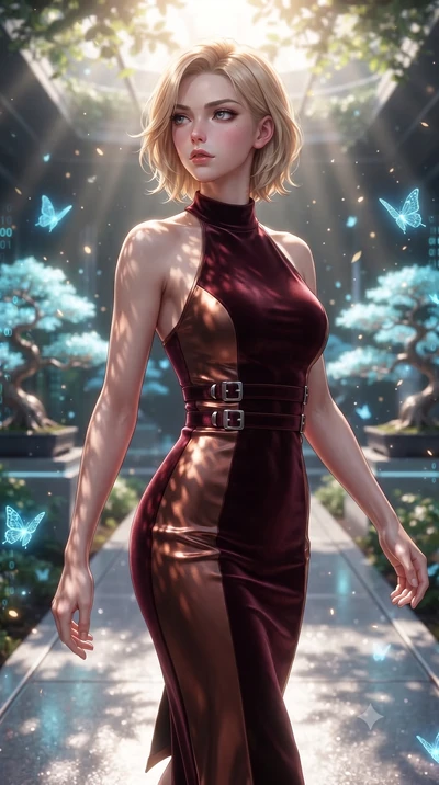 score_9, masterpiece, best quality, ultra-detailed, high-budget anime keyframe, editorial fashion photography, tasteful artistic composition, Caucasian woman. close-up cowboy shot from the waist and thighs up, the character dominates the composition,
