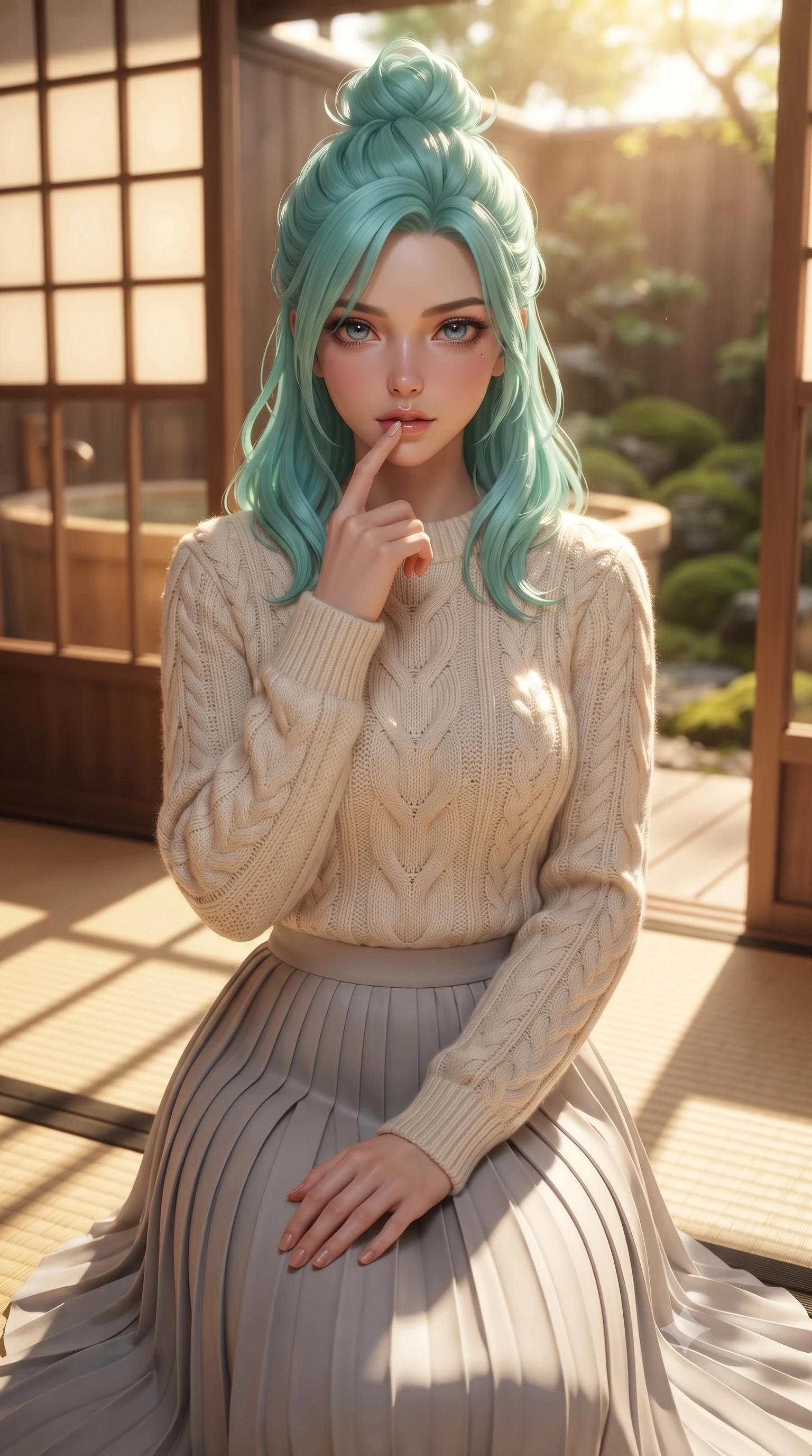 score_9, masterpiece, best quality, ultra-detailed, high-budget anime keyframe, editorial fashion photography, tasteful artistic composition, Japanese woman woman. close-up cowboy shot from the waist and thighs up, the character dominates the composition, filling the frame with her large presence, background elements kept in soft focus. pressing one finger to her bottom lip in a thoughtful, seductive gesture under the warm sun the background shows a soft-focus a private cypress wood bath (hinoki) facing a small moss garden through sliding doors. She has an exceptionally elegant, slender, and willowy female figure with an ultra-slim waist, a gracefully sculpted slender torso, and a refined silhouette. sharp v-shaped jawline, high-bridge nose, intricate jewel-like eyes with depth, thick eyelashes, glossy lips with a natural sheen. wearing a form-contouring cozy cable-knit knit sweater in ivory wool, paired with a pleated light grey midi skirt. soft late afternoon sunrays casting long wooden grid shadows on the tatami. ultra-reflective glossy finish, specular highlights, metallic sheen, high-contrast stereoscopic depth, volumetric dynamic lighting, 2k, ultra detail, master piece, 9:16 ratio