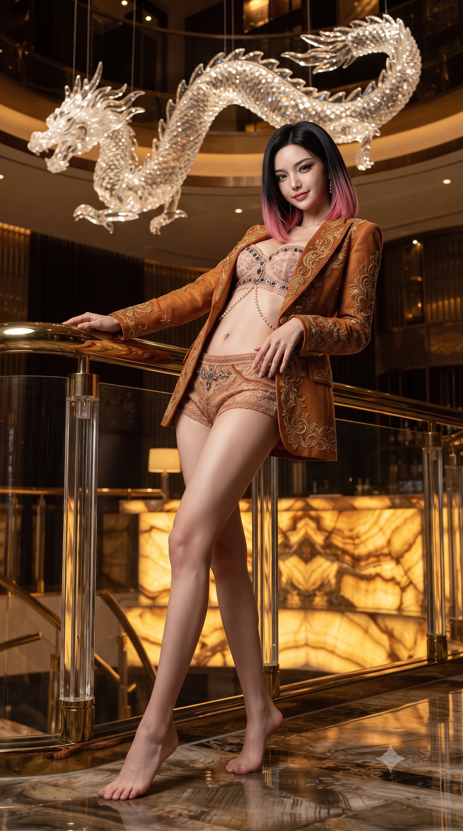 score_9, masterpiece, best quality, ultra-detailed, high-budget anime keyframe, editorial fashion photography, tasteful artistic composition, Korean woman. low angle full-body shot from head to toe showing her feet, filling the entire 9:16 vertical frame with her statuesque presence, stretching her vertical silhouette. leaning deep against the balcony balustrade with hips cocked back in an unapologetically alluring high-fashion stance, casting an intoxicating glance while twisting her slender torso in an alluring contrapposto stance beneath the undulating crystal dragon sculpture suspended overhead. The surrounding environment is rendered in vivid detail and crisp panoramic clarity: sharp backlit onyx stone veining, faceted crystal glass reflections, and polished brass bar rail gleam in deep focus. She has an absolutely perfect, statuesque 8.5-heads proportion, an exceptionally tall and slender model-like female figure with impossibly long slender legs, an ultra-slim waist, a flat toned midriff, narrow delicate ribcage, and beautifully sculpted feminine hips creating a graceful, slim hourglass silhouette without any bulky heaviness. sharp v-shaped jawline, high-bridge nose, sparkling eyes with hypnotic seductive depth, thick curled eyelashes, glossy parted lips with a natural dewy peach sheen, alluring bedroom-eyes with an enchanting coquettish smile, exuding magnetic siren charisma and sophisticated glamour, flawlessly proportioned anatomical accuracy, strict slender model proportions, natural body alignment, perfectly sculpted long slender limbs, ultra-slim waistline, clean dynamic posture without body distortion. wearing a tailored open-front smoking jacket worn over a jewel-embellished bandeau top and micro-shorts in warm amber honey and antique terracotta with gilded bronze, made of delicate semi-sheer French Chantilly lace with intricate eyelash edges, finished with a pearl-drop body harness subtly framing her dewy collarbones and spine, the second-skin tailored fabric adhering flawlessly to her sculpted flat midriff and slender torso, emphasizing her long leg lines and perfectly proportioned willowy build. bathed in warm ambient light radiating upward through the translucent honey-onyx bar top. ultra-reflective glossy finish, specular highlights, rich textural contrasts, high-contrast stereoscopic depth, volumetric dynamic lighting, 2k, ultra detail, master piece, 9:16 ratio
