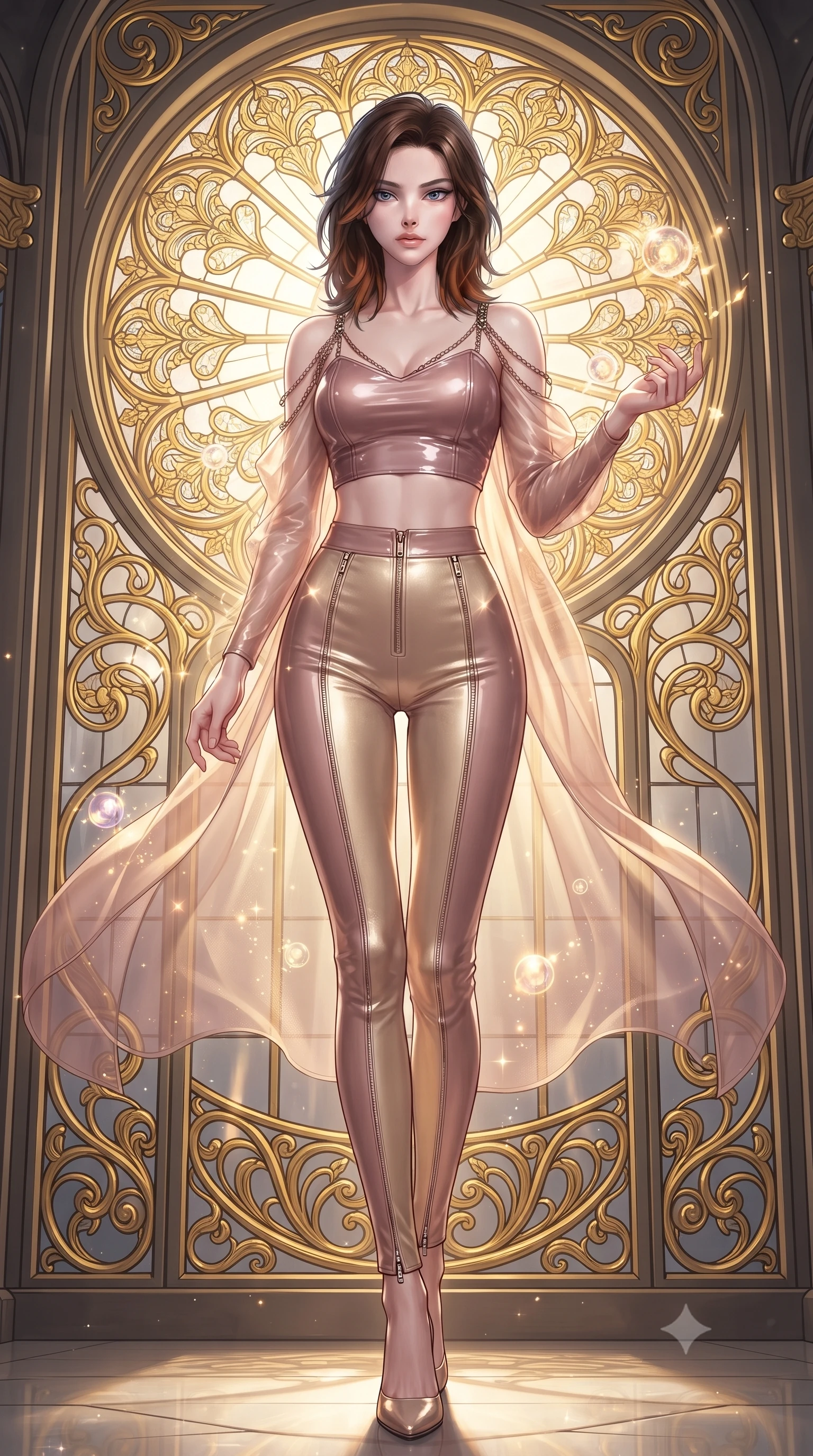 score_9, masterpiece, best quality, ultra-detailed, high-budget anime keyframe, editorial fashion photography, tasteful artistic composition, Korean woman. low angle full-body shot from head to toe showing her feet, filling the entire 9:16 vertical frame with her statuesque presence, stretching her vertical silhouette. interacting gracefully with the magical floating elements while maintaining a confident posture standing before a monumental Art Nouveau stained glass rose window, golden filigree details on the architecture shining with brilliant luster. She has an absolutely perfect, statuesque 8.5-heads proportion, an exceptionally tall and slender model-like female figure with impossibly long slender legs and an ultra-slim waist. sharp v-shaped jawline, high-bridge nose, intricate jewel-like eyes with depth, thick eyelashes, glossy lips with a natural sheen. wearing a glossy vinyl crop top and high-waist tailored leggings with sleek zippers in dusty rose and champagne gold, woven from fine semi-opaque sheer organza, adorned with delicate metallic chain straps along the neckline, the form-contouring material highlighting her ultra-slim waist and long lines. surrounded by a glowing divine aura of sunbeams and incense radiance. ultra-reflective glossy finish, specular highlights, metallic sheen, high-contrast stereoscopic depth, volumetric dynamic lighting, 2k, ultra detail, master piece, 9:16 ratio