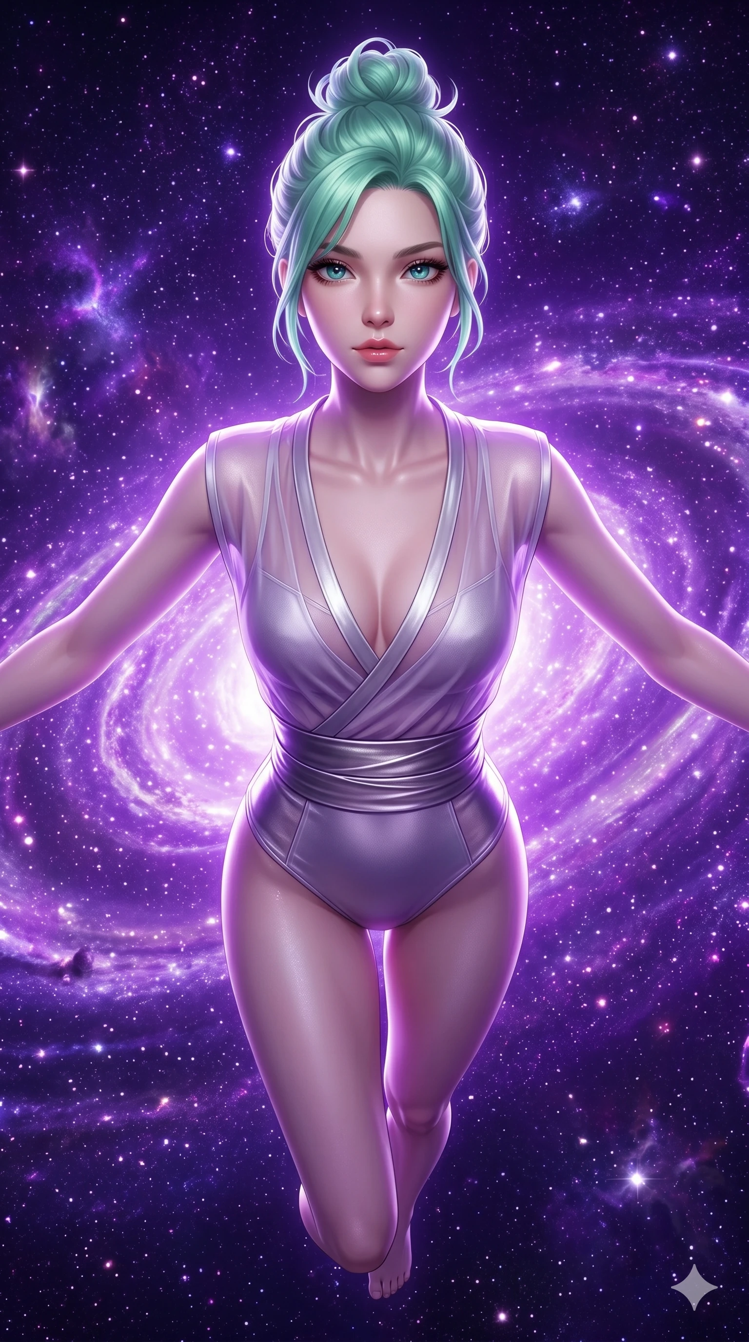 score_9, masterpiece, best quality, ultra-detailed, high-budget anime keyframe, semi-realistic 3D game render, Japanese woman. Upper body close-up from the thighs up, character filling the screen for maximum presence. She is floating weightlessly inside a brilliant violet galaxy, surrounded by swirling cosmic dust rings. She spreads her arms in a graceful flying pose, looking toward the camera. She has an absolutely perfect 8-heads proportion, an exceptionally tall and slender female figure with impossibly long slender legs and an ultra-slim waist. V-shaped jawline, high-bridge nose, intricate jewel-like eyes with depth, thick eyelashes, glossy lips with a natural sheen. She is wearing a shortened cyber-fusion wrap top with transparent chiffon panels, a deep crossover neckline, and a high-waisted metallic sash that accentuates her ultra-slim waist. The scene is bathed in brilliant purple starlight and a sharp white front key light highlighting her details. 2k, ultra detail, master piece, 9:16 ratio