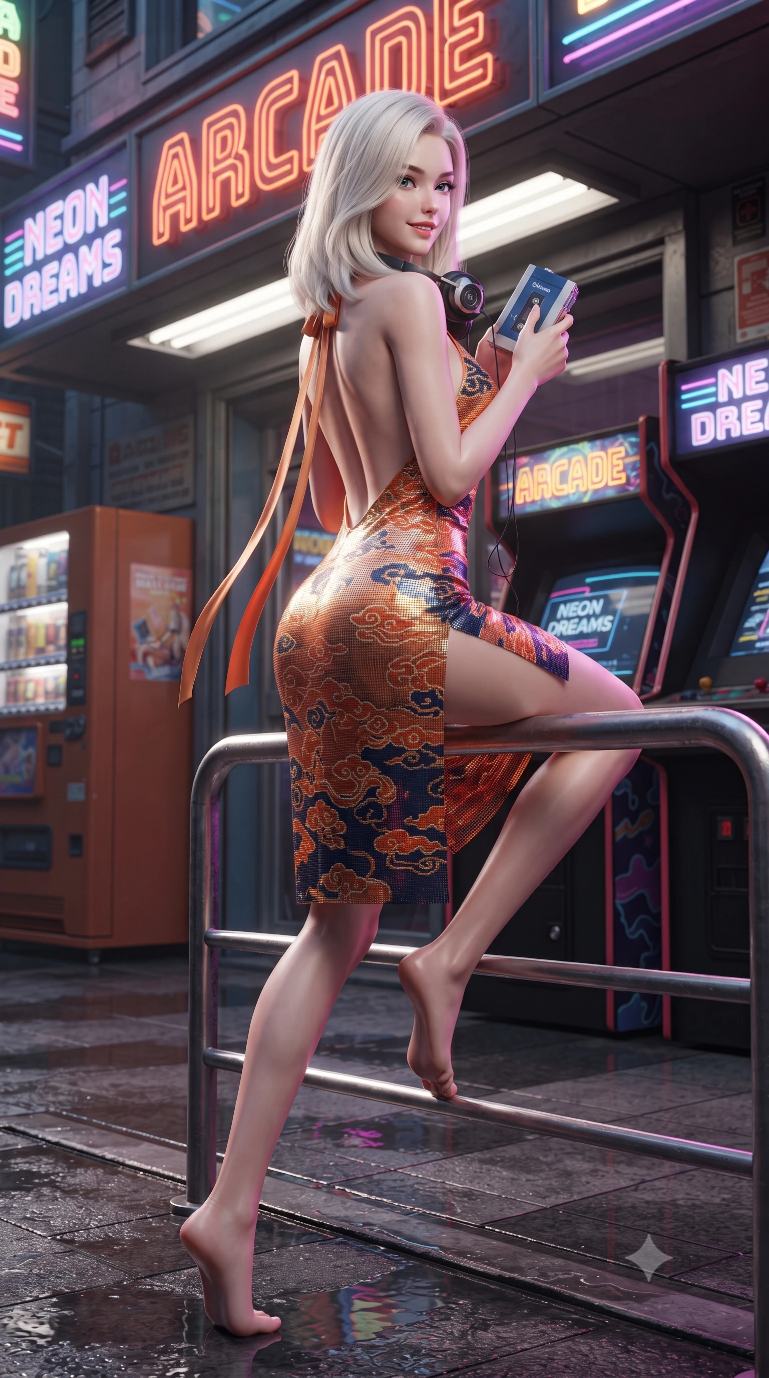 score_9, masterpiece, best quality, ultra-detailed, high-budget anime keyframe, editorial fashion photography, tasteful artistic composition, Caucasian woman. low angle full-body shot from head to toe showing her feet, filling the entire 9:16 vertical frame with her statuesque presence, stretching her vertical silhouette. executing a slow, graceful pivot turn as her skirt sways around her slender legs, glancing back with an enchanting, teasing sensual expression while sitting perched on the metal railing of the arcade entrance with legs extended, holding a cassette walkman with effortless 80s cool. The surrounding environment is rendered in vivid detail and crisp panoramic clarity: sharp wet pavement reflection clarity, vintage arcade marquee typography, and vending machine can slots in deep focus. She has an absolutely perfect, statuesque 8.5-heads proportion, an exceptionally tall and slender model-like female figure with impossibly long slender legs, an ultra-slim waist, a flat toned midriff, narrow delicate ribcage, and beautifully sculpted feminine hips creating a graceful, slim hourglass silhouette without any bulky heaviness. sharp v-shaped jawline, high-bridge nose, sparkling eyes with hypnotic seductive depth, thick curled eyelashes, glossy parted lips with a natural dewy peach sheen, alluring bedroom-eyes with an enchanting coquettish smile, exuding magnetic siren charisma and sophisticated glamour, flawlessly proportioned anatomical accuracy, strict slender model proportions, natural body alignment, perfectly sculpted long slender limbs, ultra-slim waistline, clean dynamic posture without body distortion. wearing a backless embroidered silk satin slip dress with traditional cloud motifs contouring her narrow waist and curvy hips in sunset tangerine orange and deep navy indigo, crafted from shimmering fluid chainmail mesh reflecting ambient neon lights, finished with long silk ribbon ties fluttering down her bare spine from a backless halter, the liquid-tight tailored fabric clinging flawlessly to her narrow waist and rounded feminine hips, emphasizing every millimeter of her sculpted slim hourglass curves without any bulky heaviness. illuminated by puddle specular bounce and sharp magenta rim lights defining her razor-sharp jawline, ultra-slim waist, and curvy hips. ultra-reflective glossy finish, specular highlights, rich textural contrasts, high-contrast stereoscopic depth, volumetric dynamic lighting, 2k, ultra detail, master piece, 9:16 ratio