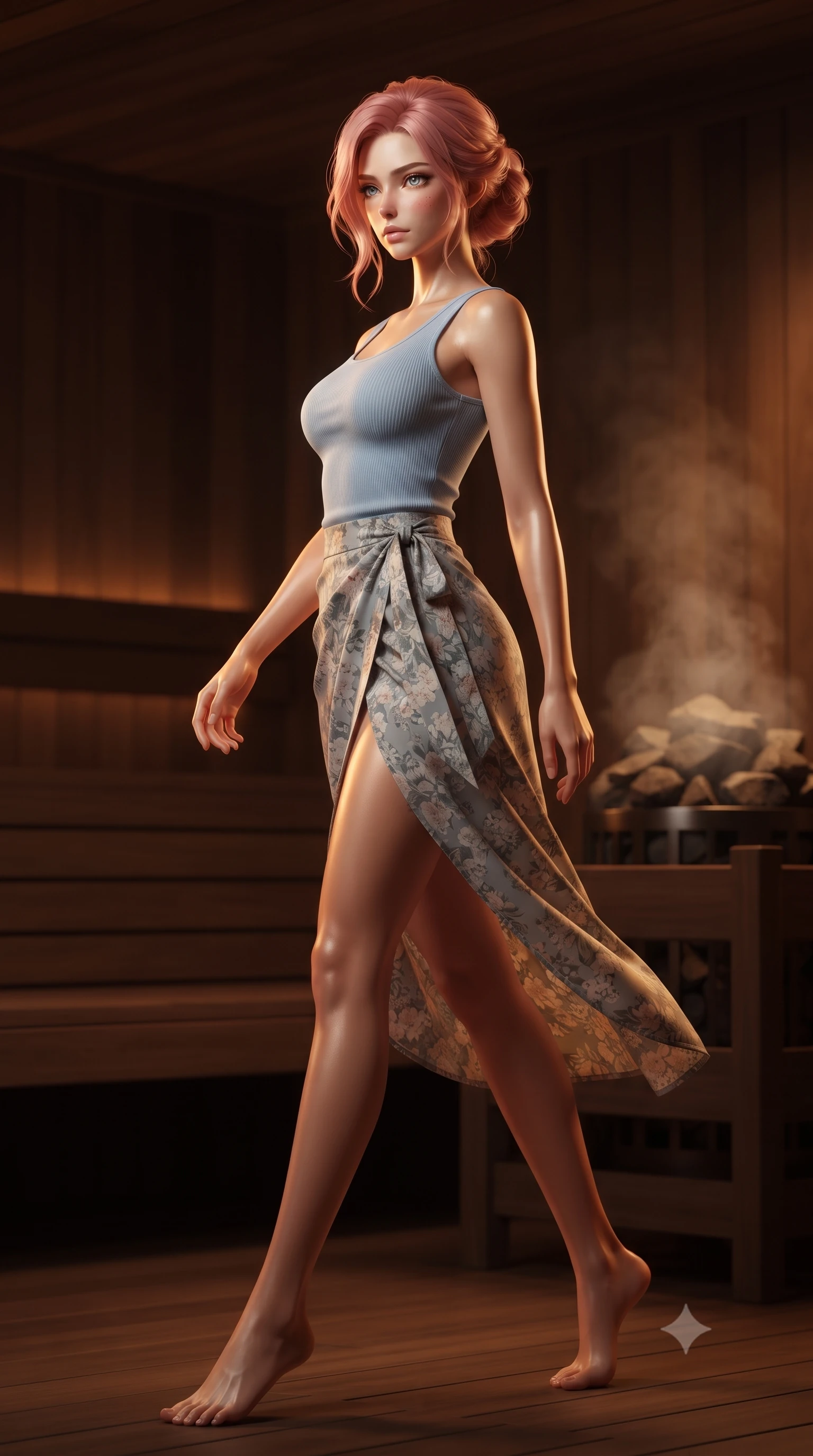 score_9, masterpiece, best quality, ultra-detailed, high-budget anime keyframe, editorial fashion photography, tasteful artistic composition, Japanese woman woman. low angle full-body shot from head to toe showing her feet, filling the entire 9:16 vertical frame with her statuesque presence, stretching her vertical silhouette. stepping gracefully while looking back over her shoulder, her dress draped tightly to reveal her silhouette the background shows a soft-focus a cozy private sauna built of dark cedarwood with hot stones venting steam softly. She has an absolutely perfect, statuesque 8.5-heads proportion, an exceptionally tall and slender model-like female figure with impossibly long slender legs and an ultra-slim waist. sharp v-shaped jawline, high-bridge nose, intricate jewel-like eyes with depth, thick eyelashes, glossy lips with a natural sheen. wearing a slim-fit simple ribbed cotton tank top in baby blue paired with a floral print wrap skirt. warm low-key amber lights highlighting the glossy textures on her skin. ultra-reflective glossy finish, specular highlights, metallic sheen, high-contrast stereoscopic depth, volumetric dynamic lighting, 2k, ultra detail, master piece, 9:16 ratio