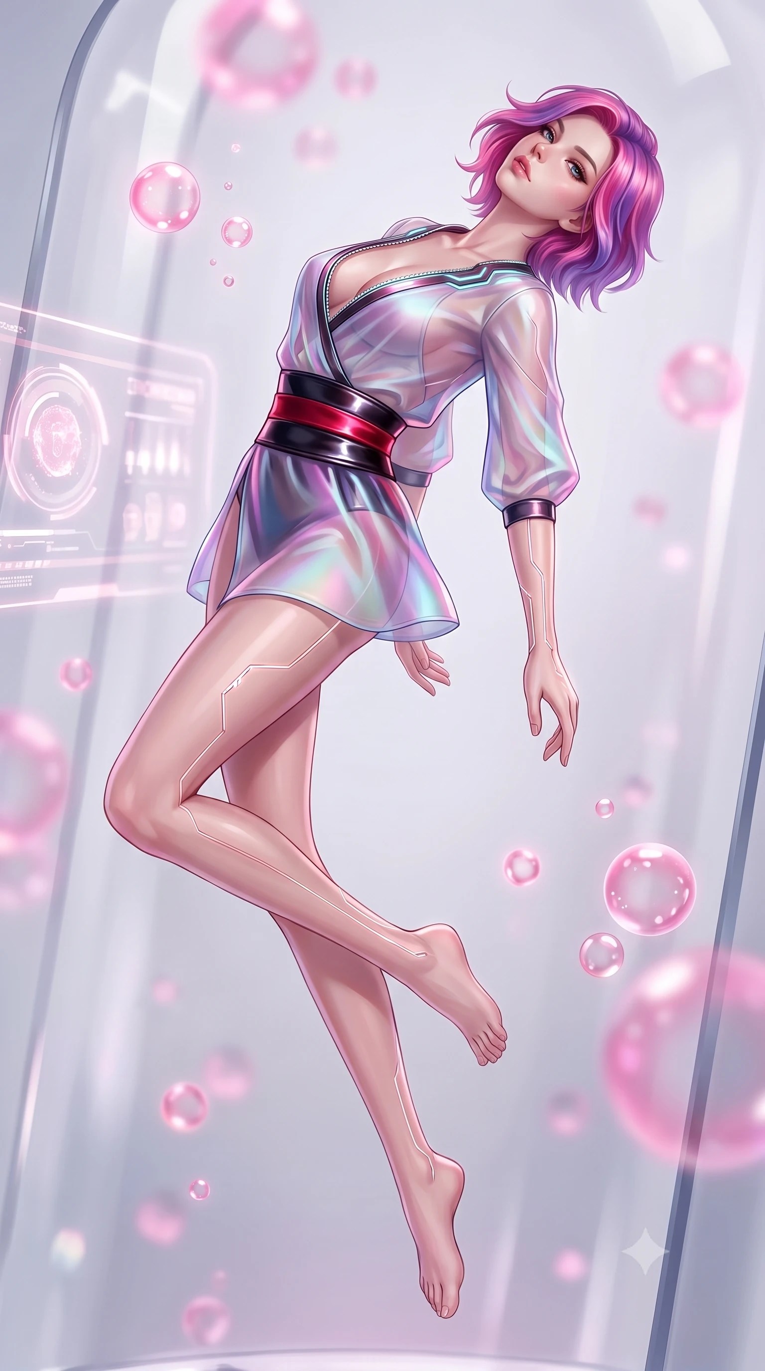 score_9, masterpiece, best quality, ultra-detailed, high-budget anime keyframe, semi-realistic 3D game render, editorial fashion photography, tasteful artistic composition, Caucasian woman. low angle full-body shot from head to toe showing her feet, filling the entire 9:16 vertical frame with her statuesque presence, stretching her vertical silhouette. arching her back in a fluid zero-gravity turn with sovereign grace, her long slender legs and sculpted torso creating a sweeping line while reclining weightlessly inside a transparent android cradle as micro-circuit filaments pulse along her limbs. The composition keeps background elements in soft focus with creamy bokeh. glowing pink nano-fluid bubbles and holographic bio-scanners blurred into soft, dreamy ambient bokeh. She has an absolutely perfect, statuesque 8.5-heads proportion, an exceptionally tall and slender model-like female figure with impossibly long slender legs and an ultra-slim waist. sharp v-shaped jawline, high-bridge nose, intricate jewel-like eyes with depth, thick eyelashes, glossy lips with a natural sheen, flawlessly proportioned anatomical accuracy, natural body alignment, perfectly sculpted elegant limbs, clean dynamic posture without body distortion. wearing a shortened cyber-fusion wrap top with transparent chiffon panels, a deep crossover neckline, and a high-waisted metallic sash that accentuates her ultra-slim waist in glossy obsidian black and radiant crimson red, made of smooth iridescent silk chiffon that shifts colors with movement, featuring a dangerously unzipped neckline framed by glowing cybernetic accents, the sleek aerodynamic cut emphasizing her magnetic presence and alluring physical grace. surrounded by a sterile yet deeply seductive, ethereal, and pristine android rebirth atmosphere. highly saturated vibrant anime colors, detailed shading with soft gradients, rich glossy textures, high-contrast stereoscopic depth, volumetric dynamic lighting, master piece, 9:16 ratio