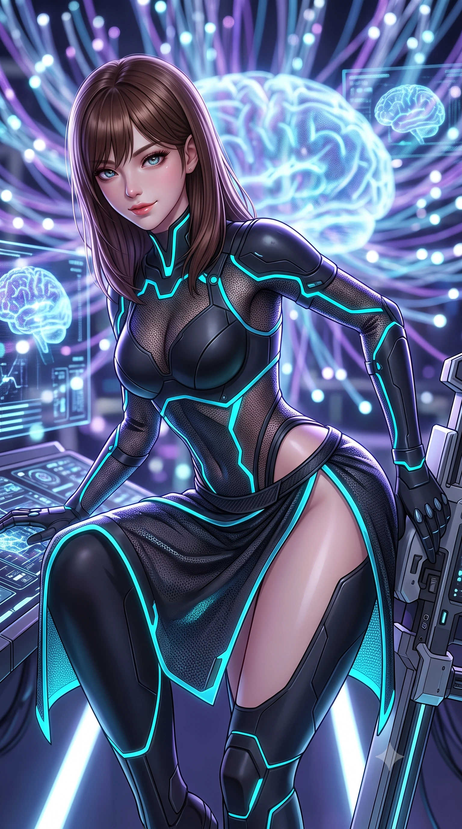 score_9, masterpiece, best quality, ultra-detailed, high-budget anime keyframe, semi-realistic 3D game render, editorial fashion photography, tasteful artistic composition, Korean woman. close-up cowboy shot from the waist and thighs up, the character dominates the composition, filling the frame with her large presence. leaning forward over the illuminated command console while arching her lower back to accentuate her curvy hips, looking into the camera with a confident smoldering smile and intense bedroom-eyes while leaning against the bionic calibration cradle with hips cocked back, looking into the camera with an enchanting smile and glowing optic eyes. The background shows a soft-focus thousands of glowing glass neural fibers and holographic brain scan projections blurred into electric violet, cyan, and clean white bokeh. She has an exceptionally elegant, slender, and willowy female figure with an ultra-slim waist, flat toned midriff, narrow ribcage, and sculpted feminine hips creating an alluring, slim hourglass silhouette without bulk. sharp v-shaped jawline, high-bridge nose, intricate jewel-like sparkling eyes with depth, thick eyelashes, glossy parted lips with a natural sheen, bright confident smile with an enchanting and coquettish sensual glint, exuding both youthful magnetic charm and sovereign high-tech allure, flawlessly proportioned anatomical accuracy, strict slender model proportions, natural body alignment, perfectly sculpted long slender limbs, ultra-slim waistline, clean dynamic posture without body distortion. wearing a cyber-samurai tactical suit featuring a shortened carbon chestplate and high-slit armored wrap skirt in matte obsidian black and glowing neon cyan trim, woven from delicate semi-opaque high-tensile nano-mesh with intricate hexagonal micro-patterns, finished with delicate carbon-fiber boning framing the narrow waistline, the aerodynamic second-skin silhouette tightly following the natural contour of her hips and long slender legs with youthful 8.5-heads elegance. illuminated by floor light strips and sharp icy-platinum rim lights defining her sculpted collarbones, ultra-slim waist, and curvy hips. highly saturated vibrant anime colors, detailed shading with soft gradients, rich glossy textures, high-contrast stereoscopic depth, volumetric dynamic lighting, master piece, 9:16 ratio