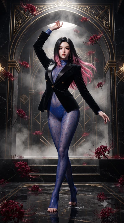 score_9, masterpiece, best quality, ultra-detailed, High-budget Anime Keyframe, editorial fashion photography, tasteful artistic composition, realistic cosplay photography, East Asian woman. Low angle cowboy shot filling the entire 9:16 frame with he
