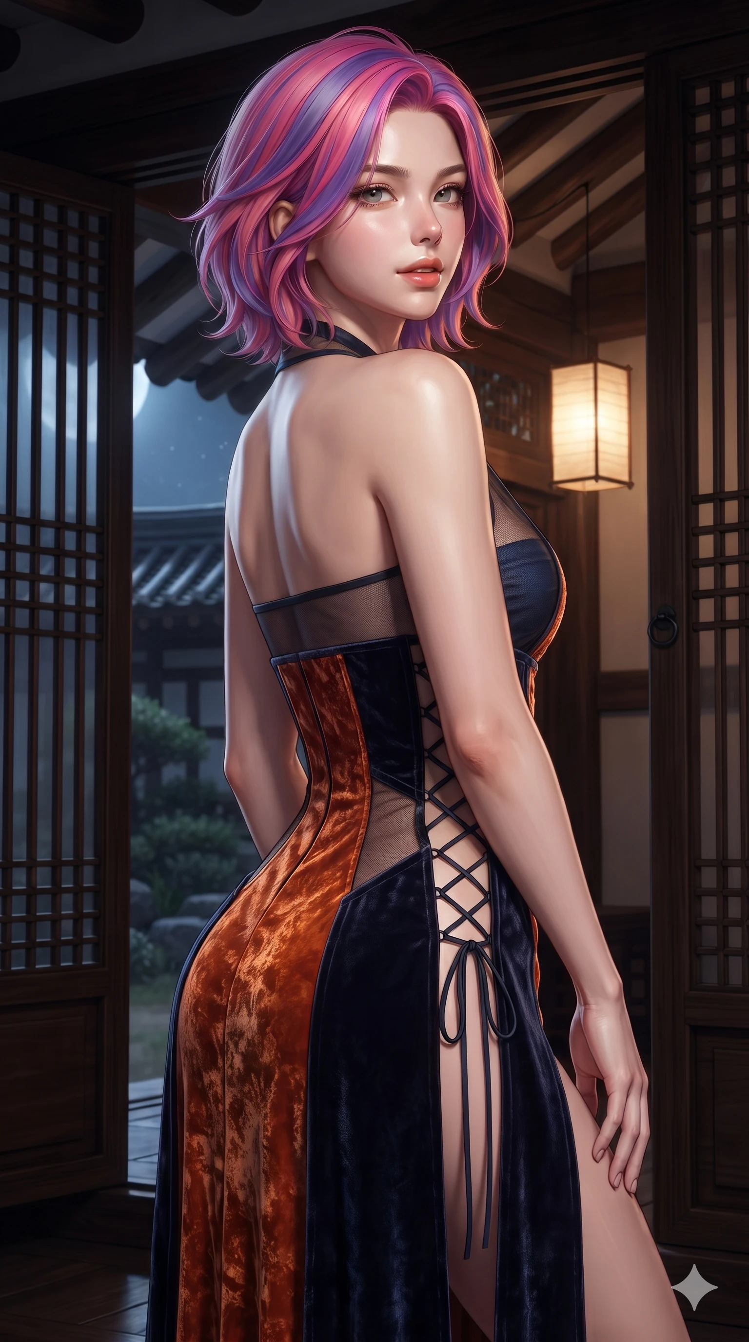 score_9, masterpiece, best quality, ultra-detailed, high-budget anime keyframe, editorial fashion photography, tasteful artistic composition, Caucasian woman. close-up cowboy shot from the waist and thighs up, the character dominates the composition, filling the frame with her large presence. posing in an alluring rear three-quarter angle, looking over a bare shoulder with parted glossy lips, her hips cocked back to highlight her slim hourglass curve while twisting her slender torso in an alluring S-curve against the dark wood framing, moonlight and interior paper lantern glow tracing her curves. The surrounding environment is rendered in vivid detail and crisp panoramic clarity: detailed deep V-neck sheer hanbok blouse tailoring, silk bandeau, and historic architectural framing in razor-sharp clarity. She has an exceptionally elegant, slender, and willowy female figure with an ultra-slim waist, flat toned midriff, narrow ribcage, and sculpted feminine hips creating an alluring, slim hourglass silhouette without bulk. sharp v-shaped jawline, high-bridge nose, sparkling eyes with hypnotic seductive depth, thick curled eyelashes, glossy parted lips with a natural dewy peach sheen, alluring bedroom-eyes with an enchanting coquettish smile, exuding magnetic siren charisma and sophisticated glamour, flawlessly proportioned anatomical accuracy, strict slender model proportions, natural body alignment, perfectly sculpted long slender limbs, ultra-slim waistline, clean dynamic posture without body distortion. wearing a sheer-illusion mesh corset gown with strategic opaque velvet hanbok panels framing her waist and hips in sunset tangerine orange and deep navy indigo, tailored from crushed dark velvet with deep light-absorbing plush texture, featuring fine criss-cross lace-up side ties revealing tantalizing glimpses of her hip curve, the form-contouring silhouette accentuating her sculpted flat midriff, narrow delicate ribcage, and gracefully curvy hips with intoxicating allure. bathed in dual lighting: cool silver moonlight from the exterior garden contrasting with warm 2700K lantern glow from within. ultra-reflective glossy finish, specular highlights, rich textural contrasts, high-contrast stereoscopic depth, volumetric dynamic lighting, 2k, ultra detail, master piece, 9:16 ratio