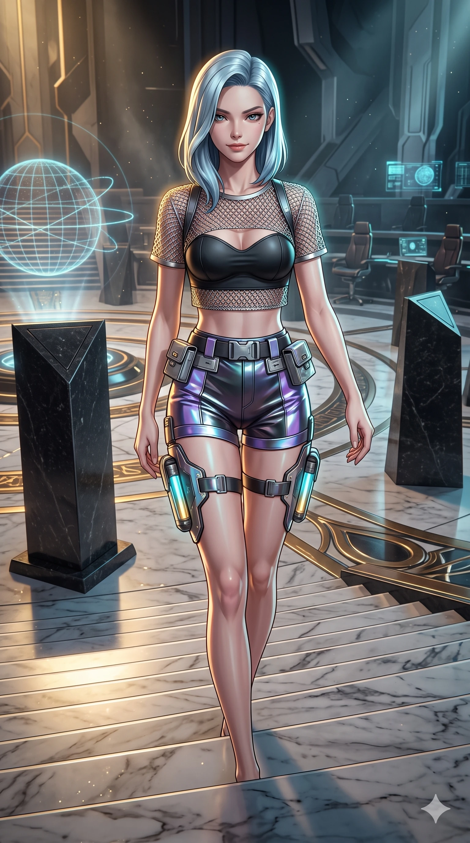 score_9, masterpiece, best quality, ultra-detailed, high-budget anime keyframe, semi-realistic 3D game render, editorial fashion photography, tasteful artistic composition, Korean woman. close-up cowboy shot from the waist and thighs up, the character dominates the composition, filling the frame with her large presence. twisting her slender torso in an alluring S-curve, dynamic rim light painting her narrow waist and curvy hips in fire while walking slowly down the grand marble council steps with hypnotic grace, hips swaying in an alluring sensual rhythm that accentuates her curvy hourglass silhouette and long slender legs. The surrounding environment is rendered in vivid detail and crisp panoramic clarity: sharp hand-carved black granite council podium bevels, crisp holographic latitude and longitude planetary grid lines, and polished brass dais inlays in deep focus. She has an exceptionally elegant, slender, and willowy female figure with an ultra-slim waist, flat toned midriff, narrow ribcage, and sculpted feminine hips creating an alluring, slim hourglass silhouette without bulk. sharp v-shaped jawline, high-bridge nose, intricate jewel-like sparkling eyes with depth, thick eyelashes, glossy parted lips with a natural sheen, bright confident smile with an enchanting and coquettish sensual glint, exuding both youthful magnetic charm and sovereign high-tech allure, flawlessly proportioned anatomical accuracy, strict slender model proportions, natural body alignment, perfectly sculpted long slender limbs, ultra-slim waistline, clean dynamic posture without body distortion. wearing a delicate silver chainmail mesh crop top layered over a sculpted matte black bandeau with low-rise combat shorts in iridescent dark chrome and holographic violet, woven from fine semi-opaque stretch illusion mesh tracing her slender contours, complemented by sleek cybernetic thigh holsters with illuminated power cells, the form-fitting tactical tailoring adhering flawlessly to her sculpted flat midriff and slender torso, emphasizing her long leg lines and perfectly proportioned willowy build. illuminated by polished black stone dais bounce and sharp gold-cyan rim lights sculpting her razor-sharp jawline, narrow waist, and curvy hips. highly saturated vibrant anime colors, detailed shading with soft gradients, rich glossy textures, high-contrast stereoscopic depth, volumetric dynamic lighting, master piece, 9:16 ratio