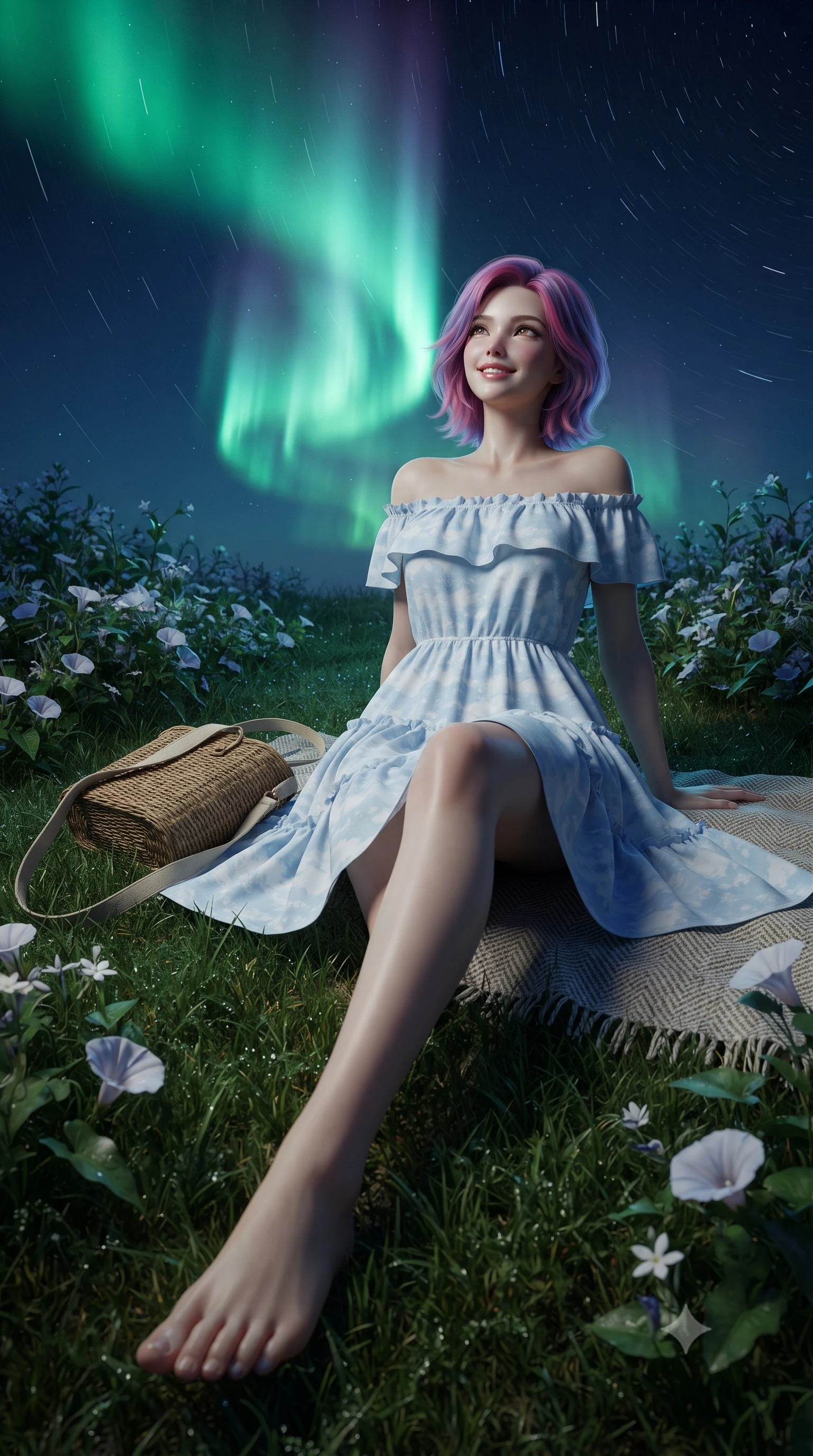 score_9, masterpiece, best quality, ultra-detailed, high-budget anime keyframe, editorial fashion photography, tasteful artistic composition, Caucasian woman. low angle full-body shot from head to toe showing her feet, filling the entire 9:16 vertical frame with her statuesque presence, stretching her vertical silhouette. stepping forward gracefully in mid-motion with a delighted cute laugh, displaying her tall slender model proportions while lying on the soft grass looking up at dancing emerald aurora borealis waves with a dreamy, affectionate smile. The surrounding environment is rendered in vivid detail and crisp panoramic clarity. sharp star trails, textured wool blanket weave, and delicate wild nighttime flowers in deep focus. She has an absolutely perfect, statuesque 8.5-heads proportion, an exceptionally tall and slender model-like female figure with impossibly long slender legs, a toned flat midriff, and an ultra-slim waist. sharp v-shaped jawline, high-bridge nose, intricate jewel-like eyes with depth, thick eyelashes, glossy lips with a natural sheen, pure and lovely fresh girlhood expression, flawlessly proportioned anatomical accuracy, strict slender model proportions, natural body alignment, perfectly sculpted long slender limbs, ultra-slim waistline, clean dynamic posture without body distortion. wearing a graceful off-shoulder cotton sundress with a ruffled neckline and tiered A-line skirt in gentle baby blue and cloud white, tailored from soft pastel lightweight wool blend with subtle texture, accessorized with a rustic woven wicker bag and canvas strap, the body-hugging lightweight knit clinging delicately to her slender torso, accentuating her graceful neck and feminine lines. illuminated by soft celestial starlight and lantern rim light defining her slender, elegant silhouette. ultra-reflective glossy finish, specular highlights, rich natural textures, high-contrast stereoscopic depth, volumetric dynamic lighting, 2k, ultra detail, master piece, 9:16 ratio