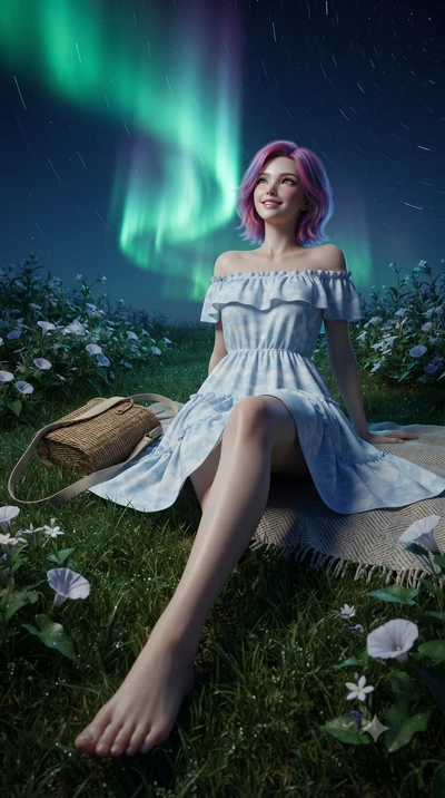 score_9, masterpiece, best quality, ultra-detailed, high-budget anime keyframe, editorial fashion photography, tasteful artistic composition, Caucasian woman. low angle full-body shot from head to toe showing her feet, filling the entire 9:16 vertica