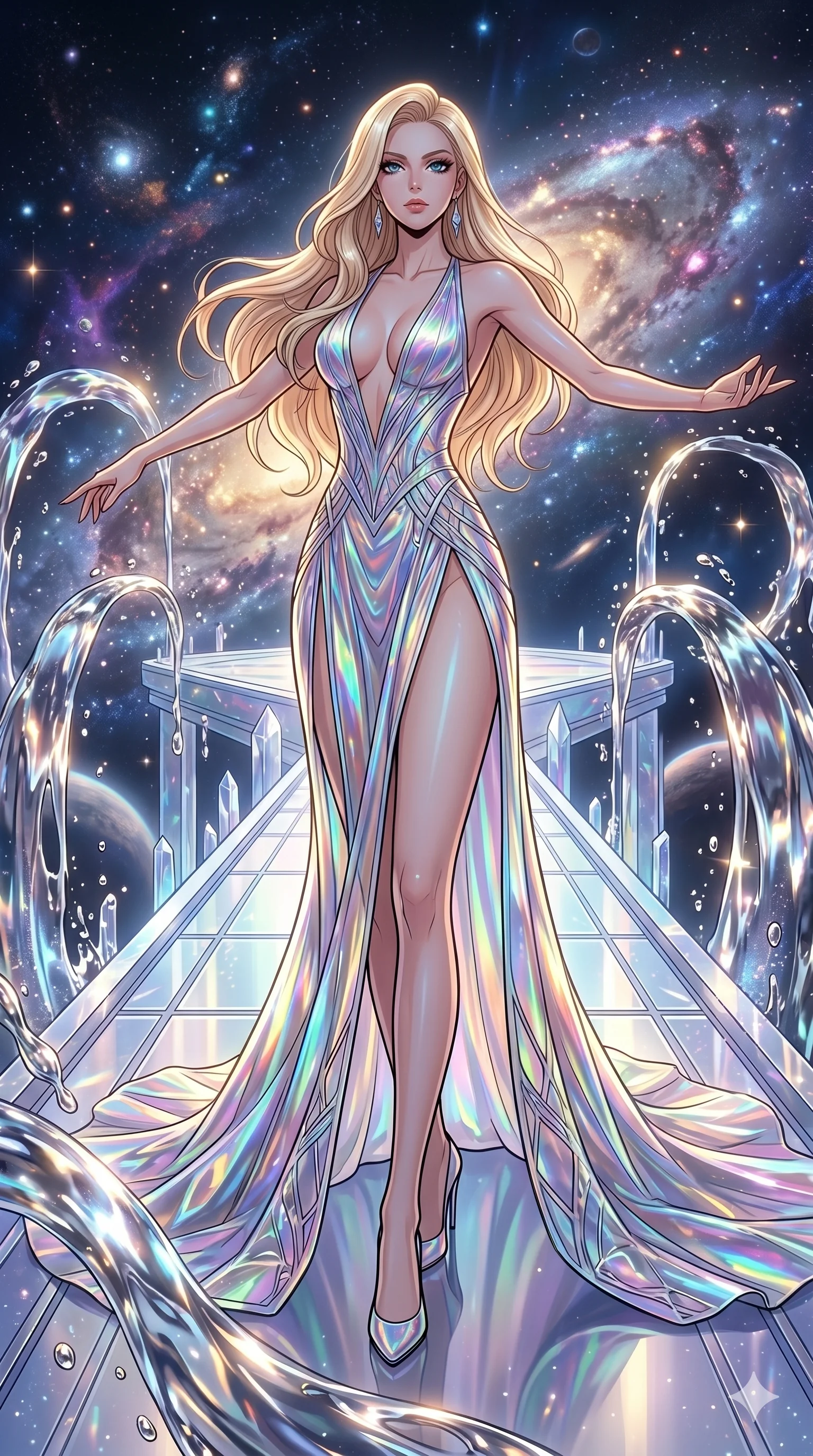 score_9, masterpiece, best quality, ultra-detailed, high-budget anime movie keyframe, cinematic anime lighting, intricate line art, Japanese woman. Dynamic full-body shot stretching the vertical silhouette across the 9:16 frame. standing victoriously in a celestial bridge made of light with liquid mercury fountains. She has an absolutely perfect 8-heads proportion, an exceptionally tall and slender female figure with an ultra-slim waist and impossibly long slender legs. sharp v-shaped jawline, high-bridge nose, intricate jewel-like eyes, thick eyelashes, glossy lips. Wearing avant-garde high-fashion gown made of iridescent vinyl with a dangerously high side slit and a plunging neckline, revealing an ultra-slim waist and long slender legs. The scene is illuminated by dramatic atmospheric lighting and vibrant color palettes. , 2k, ultra detail, master piece, 9:16 ratio