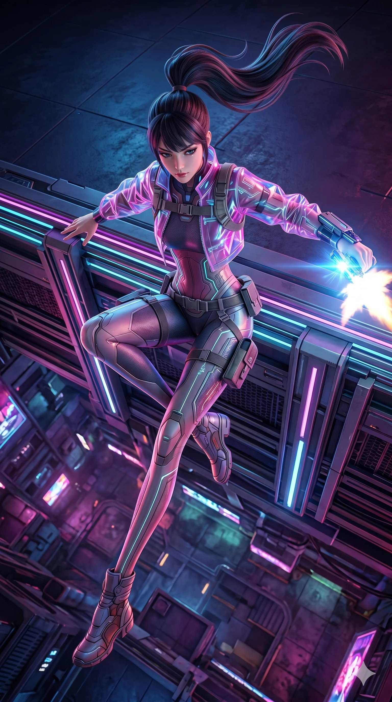 score_9, masterpiece, best quality, ultra-detailed, semi-realistic 3D game render, high-fidelity textures, Unreal Engine 5 style, Japanese woman. Extreme high angle shot as she leaps towards the camera, filling the frame. vaulting over a high-tech barrier while firing a wrist-mounted blaster. She has an absolutely perfect 8-heads proportion, an exceptionally tall and slender female figure with an ultra-slim waist and impossibly long slender legs. strictly human anatomy, two legs only, no extra limbs, clearly defined legs and arms, perfect anatomy, perfect hands and fingers. sharp v-shaped jawline, high-bridge nose, intricate jewel-like eyes, thick eyelashes, glossy lips. Wearing Tech-Fantasy: Cybernetic tech-suit with glowing seams, translucent PVC over leotard, and modular tactical gear. The scene is illuminated by dramatic atmospheric lighting and vibrant color palettes. , 2k, ultra detail, master piece, 9:16 ratio