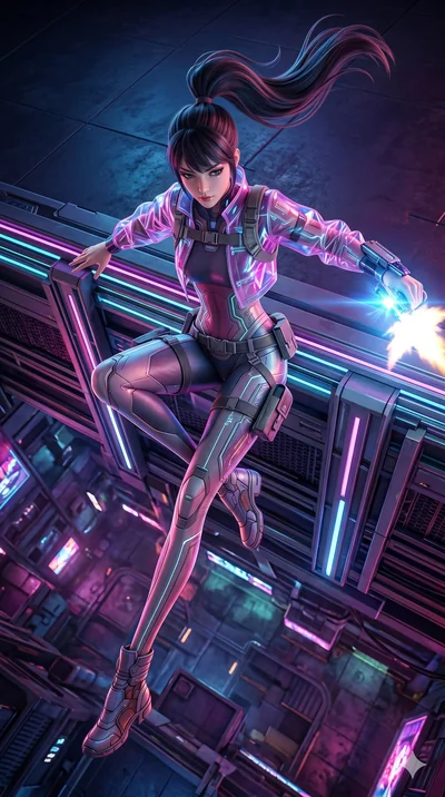score_9, masterpiece, best quality, ultra-detailed, semi-realistic 3D game render, high-fidelity textures, Unreal Engine 5 style, Japanese woman. Extreme high angle shot as she leaps towards the camera, filling the frame. vaulting over a high-tech ba