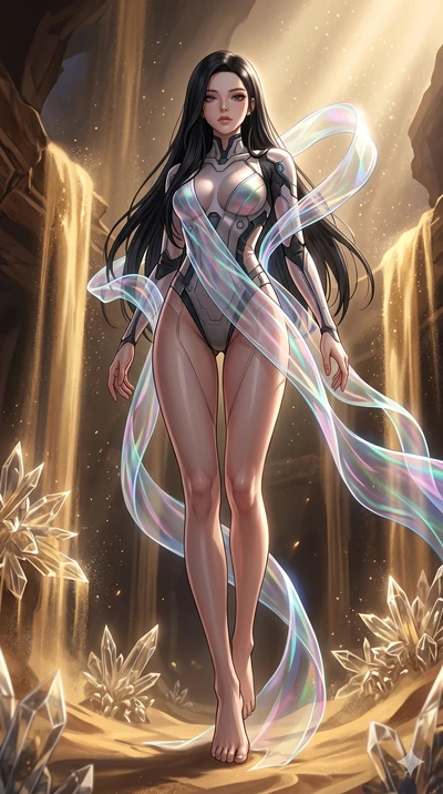 score_9, masterpiece, best quality, ultra-detailed, high-budget anime keyframe, Korean woman. low angle full-body shot filling the entire 9:16 frame with her statuesque presence, stretching the vertical silhouette. descending through a fractal quicks