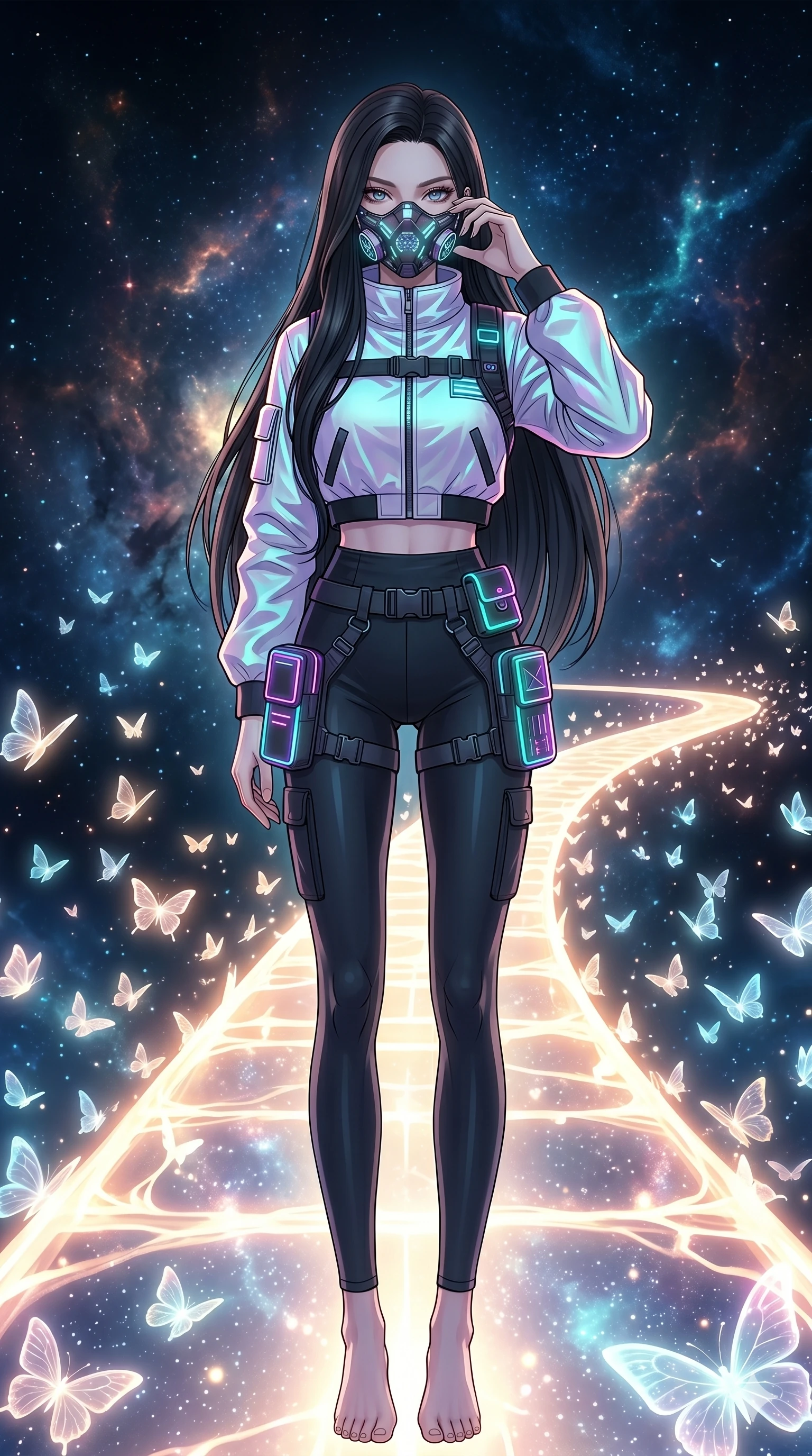 score_9, masterpiece, best quality, ultra-detailed, high-budget anime movie keyframe, cinematic anime lighting, intricate line art, Japanese anime girl. Low angle cowboy shot filling the entire 9:16 frame with her statuesque presence. adjusting a glowing mask in a celestial bridge made of light surrounded by glowing butterflies. She has an absolutely perfect 8-heads proportion, an exceptionally tall and slender female figure with an ultra-slim waist and impossibly long slender legs. sharp v-shaped jawline, high-bridge nose, intricate jewel-like eyes, thick eyelashes, glossy lips. Wearing modern urban tech-wear ensemble with a cropped reflective bomber jacket, ultra-slim high-waisted cargo leggings, and tactical harness with neon-lit pouches. The scene is illuminated by dramatic atmospheric lighting and vibrant color palettes. 2k, ultra detail, master piece, 9:16 ratio