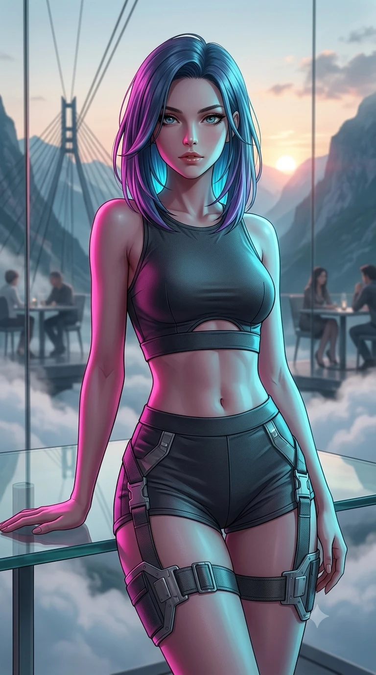 score_9, masterpiece, best quality, ultra-detailed, high-budget anime keyframe, editorial fashion photography, tasteful artistic composition, Caucasian woman, strictly human ears. close-up cowboy shot from the waist and thighs up, the character dominates the composition, filling the frame with her large presence, background elements kept in soft focus. Resting one arm elegantly against a surface with a poised relaxed stance. set against a soft-focus background of a restaurant with panoramic glass walls suspended by cables above a dramatic mountain valley with clouds drifting at table level and the sun setting between distant peaks visible through crystal-clear glass. She has an exceptionally elegant and slender, willowy female figure with an ultra-slim waist, a gracefully sculpted slender torso, and a refined slim physique. sharp v-shaped jawline, high-bridge nose, intricate jewel-like eyes with depth, thick eyelashes, glossy lips with a natural sheen. wearing a cyber-tactical crop top in dark grey with a subtle waist cutout, paired with matching high-cut shorts and thigh straps. dual-tone lighting with hot magenta from the left and cool cyan from the right. 2k, ultra detail, master piece, 9:16 ratio