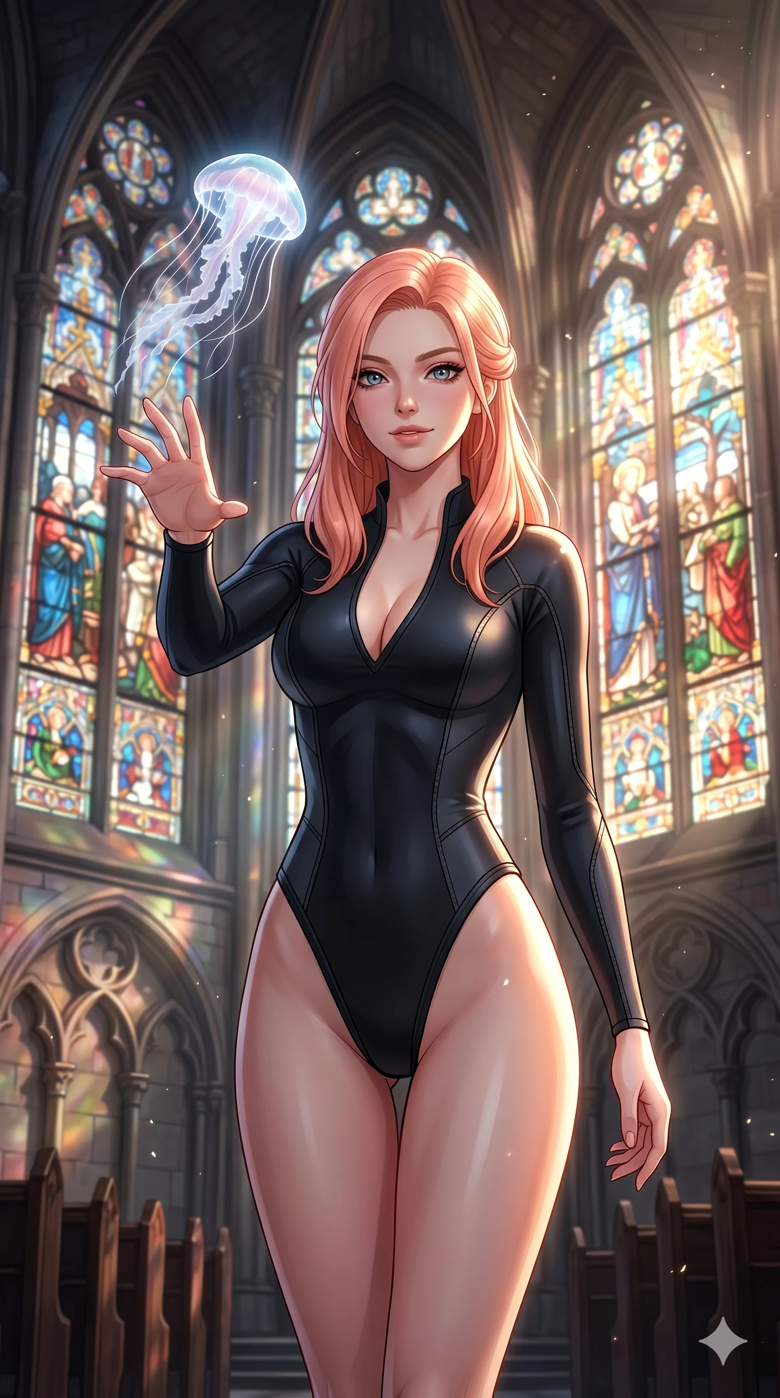 score_9, masterpiece, best quality, ultra-detailed, high-budget anime keyframe, editorial fashion photography, tasteful artistic composition, Japanese woman. cowboy shot from the thighs up, character and outfit filling the frame for maximum editorial presence. reaching a hand toward a floating jellyfish, looking at the camera with a mystical smile in a gothic cathedral with stained-glass windows (Code-P17-084). She has an absolutely perfect 8-heads proportion, an exceptionally tall and slender female figure with impossibly long slender legs and an ultra-slim waist. V-shaped jawline, high-bridge nose, intricate jewel-like eyes with depth, thick eyelashes, glossy lips with a natural sheen. wearing a skin-tight neoprene bodysuit with high-cut lines and a plunging neck. drenched in brilliant afternoon sunshine, highlighting her sleek silhouette and smooth skin. 2k, ultra detail, master piece, 9:16 ratio