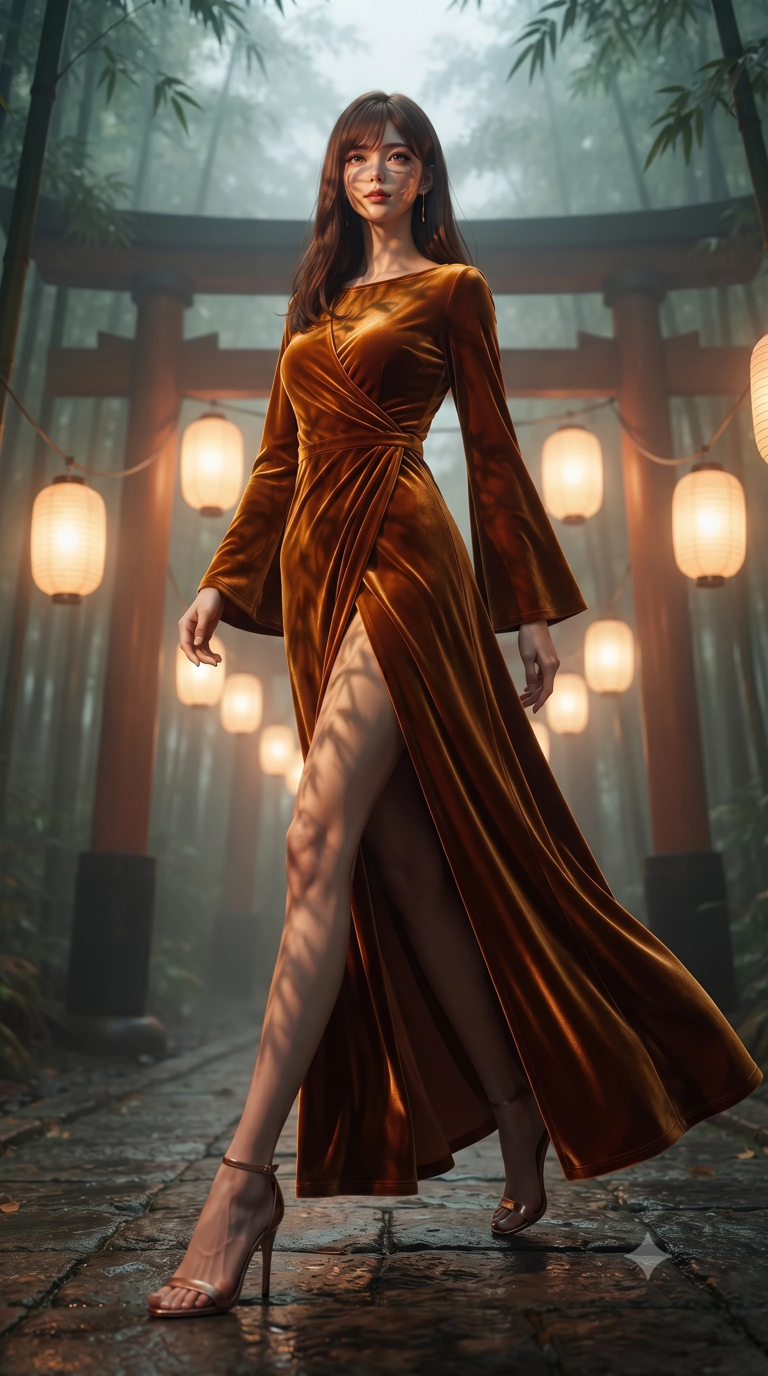 score_9, masterpiece, best quality, ultra-detailed, high-budget anime keyframe, editorial fashion photography, tasteful artistic composition, Korean woman woman. low angle full-body shot from head to toe showing her feet, filling the entire 9:16 vertical frame with her statuesque presence, stretching her vertical silhouette. She has an absolutely perfect, statuesque 8.5-heads proportion, an exceptionally tall and slender model-like female figure with impossibly long slender legs and an ultra-slim waist. stepping gracefully forward in a proud statuesque stride, her body turning in a fluid S-curve silhouette, flawlessly proportioned anatomical accuracy, natural body alignment, perfectly sculpted elegant limbs, clean dynamic posture without body distortion. set against a soft-focus background of a misty bamboo torii shrine path with glowing paper lanterns. wearing a luxurious velvet wrap gown with long bell sleeves and a modest boat neckline. bathed in warm amber lantern light casting soft organic bamboo leaf stencil shadows. ultra-reflective glossy finish, specular highlights, metallic sheen, high-contrast stereoscopic depth, volumetric dynamic lighting, 2k, ultra detail, master piece, 9:16 ratio