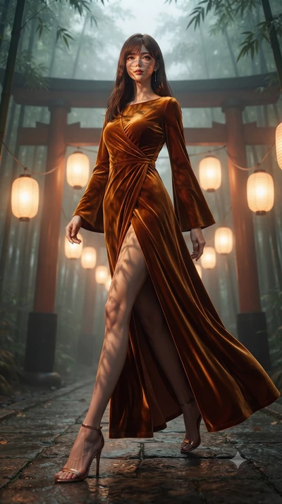 score_9, masterpiece, best quality, ultra-detailed, high-budget anime keyframe, editorial fashion photography, tasteful artistic composition, Korean woman woman. low angle full-body shot from head to toe showing her feet, filling the entire 9:16 vert