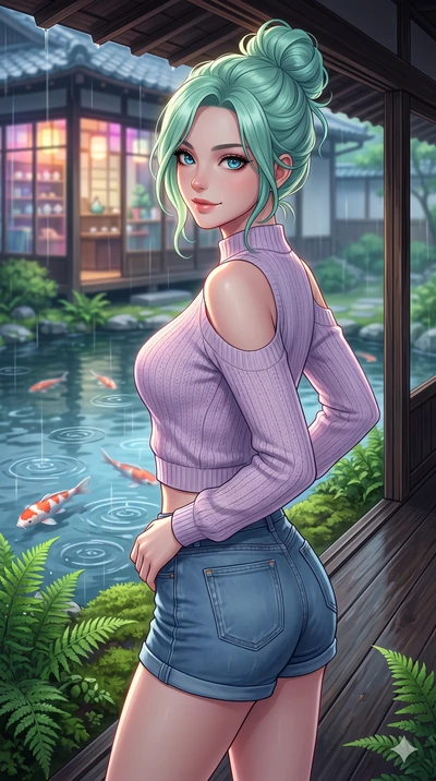 score_9, masterpiece, best quality, ultra-detailed, high-budget anime keyframe, vibrant anime aesthetic, Japanese woman. close-up cowboy shot from the waist and thighs up, the character dominates the composition, filling the frame with her large pres