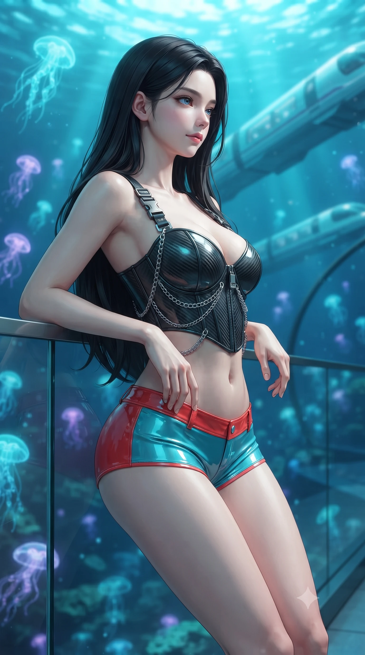 score_9, masterpiece, best quality, ultra-detailed, high-budget anime keyframe, editorial fashion photography, tasteful artistic composition, Korean woman. close-up cowboy shot from the waist and thighs up, the character dominates the composition, filling the frame with her large presence. leaning back against the balustrade with relaxed seductive grace, head tilted back slightly while casting a hypnotic, heavy-lidded gaze while leaning against the frameless glass partition with hips cocked back, watching high-speed aquatic trains glide through transparent tubes with smoldering bedroom-eyes. The background shows a soft-focus drifting swarms of cyan and lavender bioluminescent jellyfish, streaks of submerged maglev lights, and deep ocean floor blurred into turquoise, lilac, and sapphire bokeh. She has an exceptionally elegant, slender, and willowy female figure with an ultra-slim waist, flat toned midriff, narrow ribcage, and sculpted feminine hips creating an alluring, slim hourglass silhouette without bulk. sharp v-shaped jawline, high-bridge nose, intricate jewel-like sparkling eyes with depth, thick eyelashes, glossy parted lips with a natural peach sheen, bright cheerful beaming smile with an enchanting and coquettish sensual glint, exuding both youthful cute charm and seductive allure, flawlessly proportioned anatomical accuracy, strict slender model proportions, natural body alignment, perfectly sculpted long slender limbs, ultra-slim waistline, clean dynamic posture without body distortion. wearing a sculpted carbon-fiber underwire crop corset with tactical buckle straps paired with low-rise micro shorts in cyber-shinto vermilion and laser turquoise, tailored from high-gloss patent leather with mirror-like specular highlights, accented with an open-back drape framed by falling strands of delicate chrome chains, the glove-like clinging cut tightly following the natural contour of her hips and long slender legs with youthful 8.5-heads elegance. bathed in brilliant underwater cyan caustic ribbons combined with warm 2800K platform recessed downlights. ultra-reflective glossy finish, specular highlights, rich textural contrasts, high-contrast stereoscopic depth, volumetric dynamic lighting, 2k, ultra detail, master piece, 9:16 ratio
