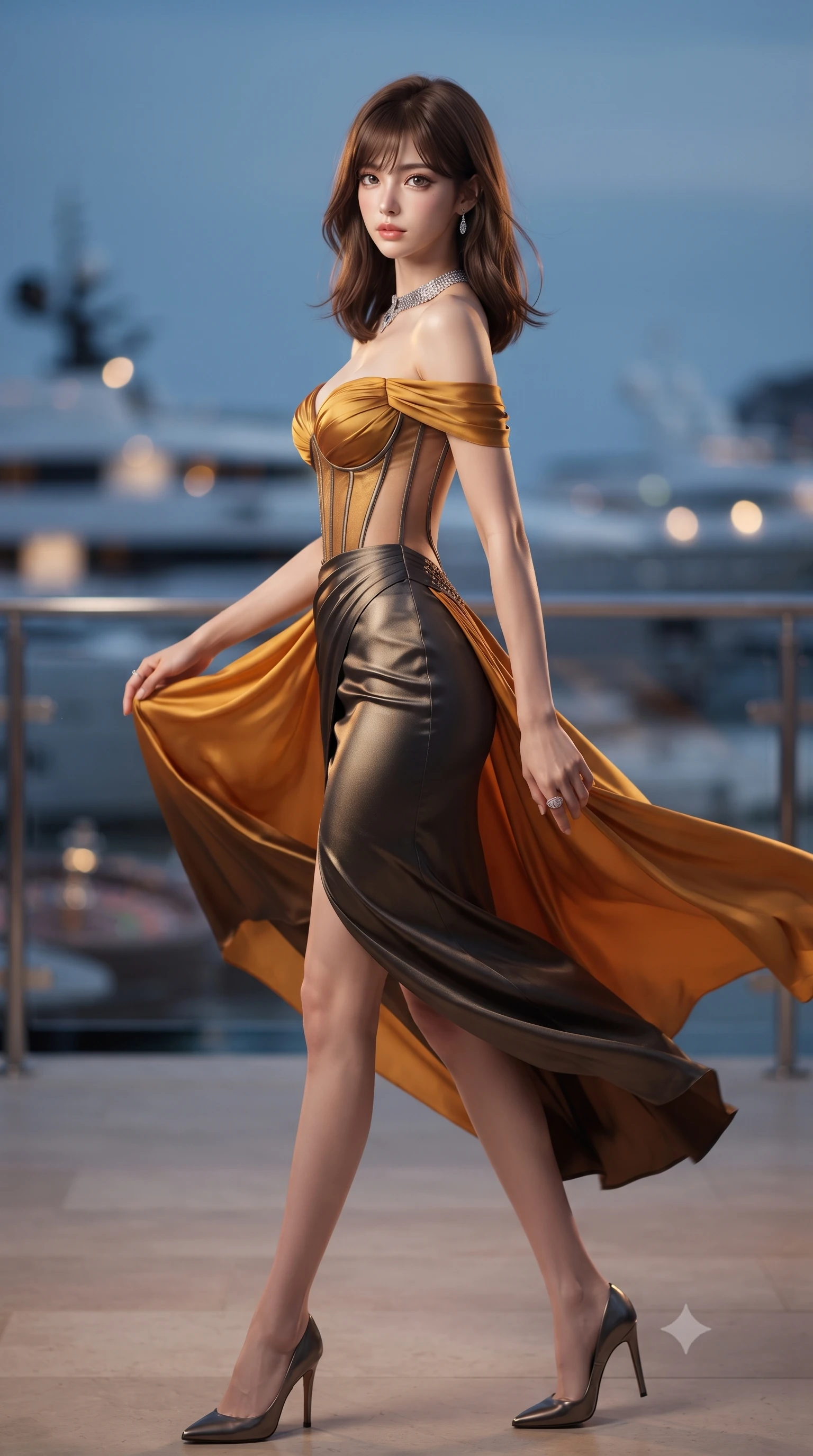 score_9, masterpiece, best quality, ultra-detailed, high-budget anime keyframe, editorial fashion photography, tasteful artistic composition, Korean woman. low angle full-body shot from head to toe showing her feet, filling the entire 9:16 vertical frame with her statuesque presence, stretching her vertical silhouette. executing an elegant mid-motion pivot turn as garments swirl around her slender limbs, glancing over her shoulder with an intoxicating bedroom-gaze while striding dynamically along the marina balcony as superyacht horns echo below, her glittering backless dress tightly hugging her feminine curves. The composition keeps background elements in soft focus with creamy bokeh. crystal champagne bubbles and roulette wheel chrome reflections scattering sparkling light motes. She has an absolutely perfect, statuesque 8.5-heads proportion, an exceptionally tall and slender model-like female figure with impossibly long slender legs, a toned flat midriff, an ultra-slim waist, and beautifully sculpted feminine hips. sharp v-shaped jawline, high-bridge nose, intricate jewel-like eyes with depth, thick eyelashes, glossy parted lips with a natural sheen, intensely captivating and seductive bedroom-eyes expression, flawlessly proportioned anatomical accuracy, strict slender model proportions, natural body alignment, perfectly sculpted long slender limbs, ultra-slim waistline, clean dynamic posture without body distortion. wearing a statuesque off-shoulder evening dress with a boned corset bodice and bodycon silhouette in molten amber-gold and dark gunmetal, tailored from fluid silk crepe with delicate inner corsetry boning, complemented by a bold geometric diamond choker and glittering cocktail ring, the precision-cut side openings and low-back scoop framing her graceful spine and the sensual sweep of her hips. bathed in opulent golden casino chandelier light and cool Mediterranean twilight ambient fill. ultra-reflective glossy finish, specular highlights, rich textural contrasts, high-contrast stereoscopic depth, volumetric dynamic lighting, 2k, ultra detail, master piece, 9:16 ratio